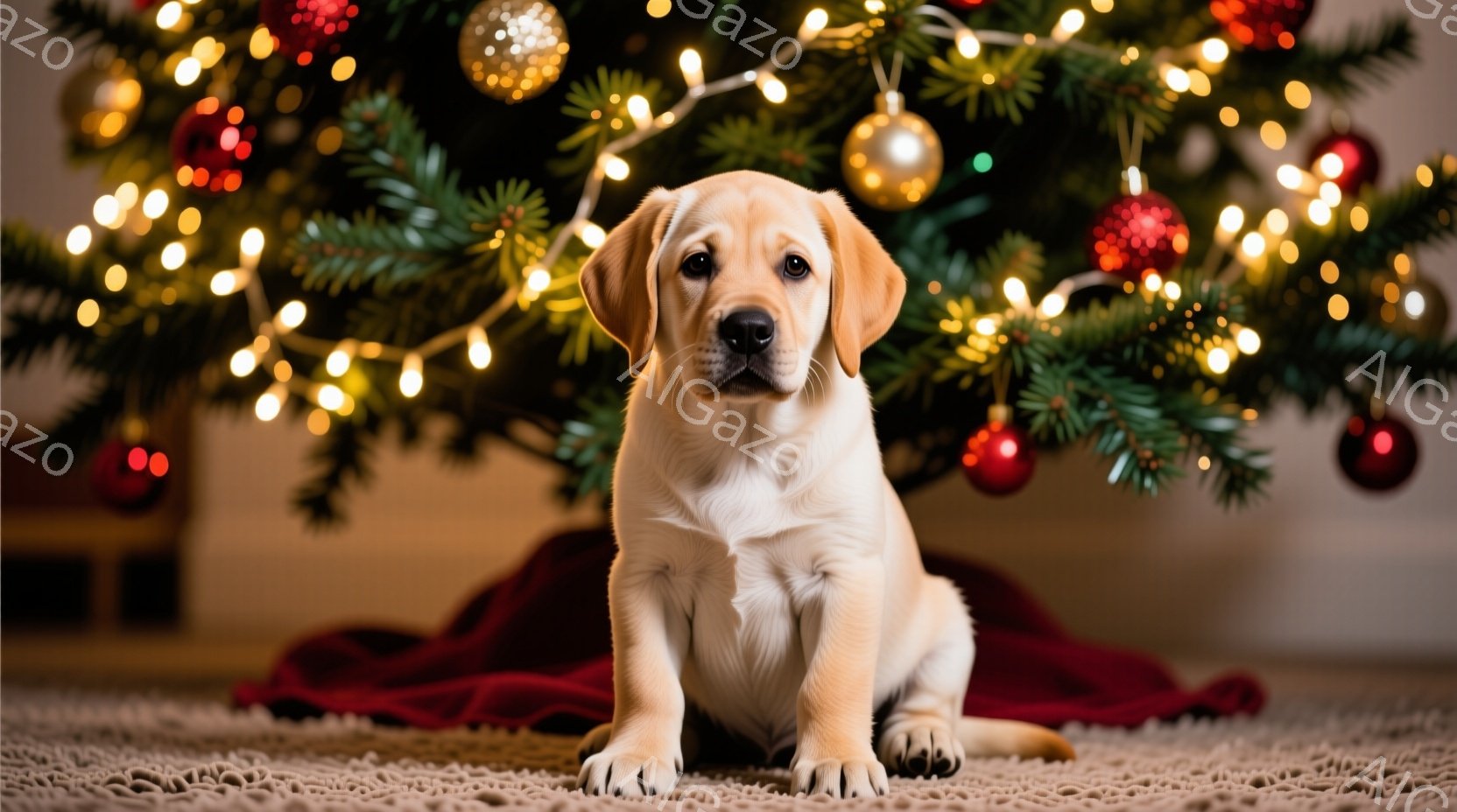 明るい色のカーペットの上に、小さなクリーム色のラブラドールの子犬が座っています。子犬はまっすぐ前を見ており、穏やかで好奇心に満ちた表情をしています。背景には、赤い布と輝く電飾で飾られたクリスマスツリーがあり、暖かくお祝いの雰囲気を醸し出しています。