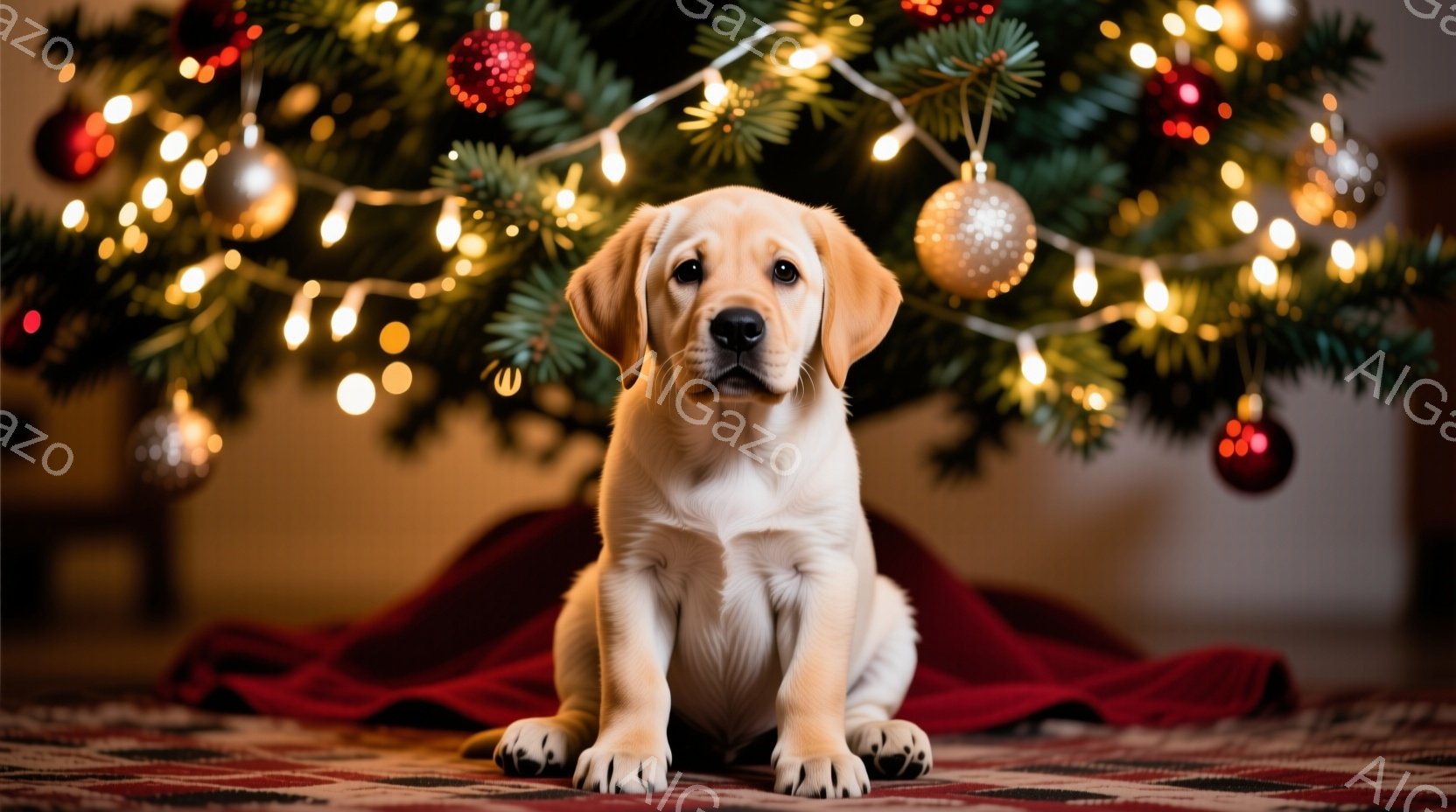 明るい背景に、クリーム色のラブラドールの子犬が座っています。子犬は真っ直ぐ前を見ており、少し驚いたような、好奇心旺盛な表情をしています。背景には、オーナメントで飾られたクリスマスツリーがあり、温かく、お祝いの雰囲気が漂っています。