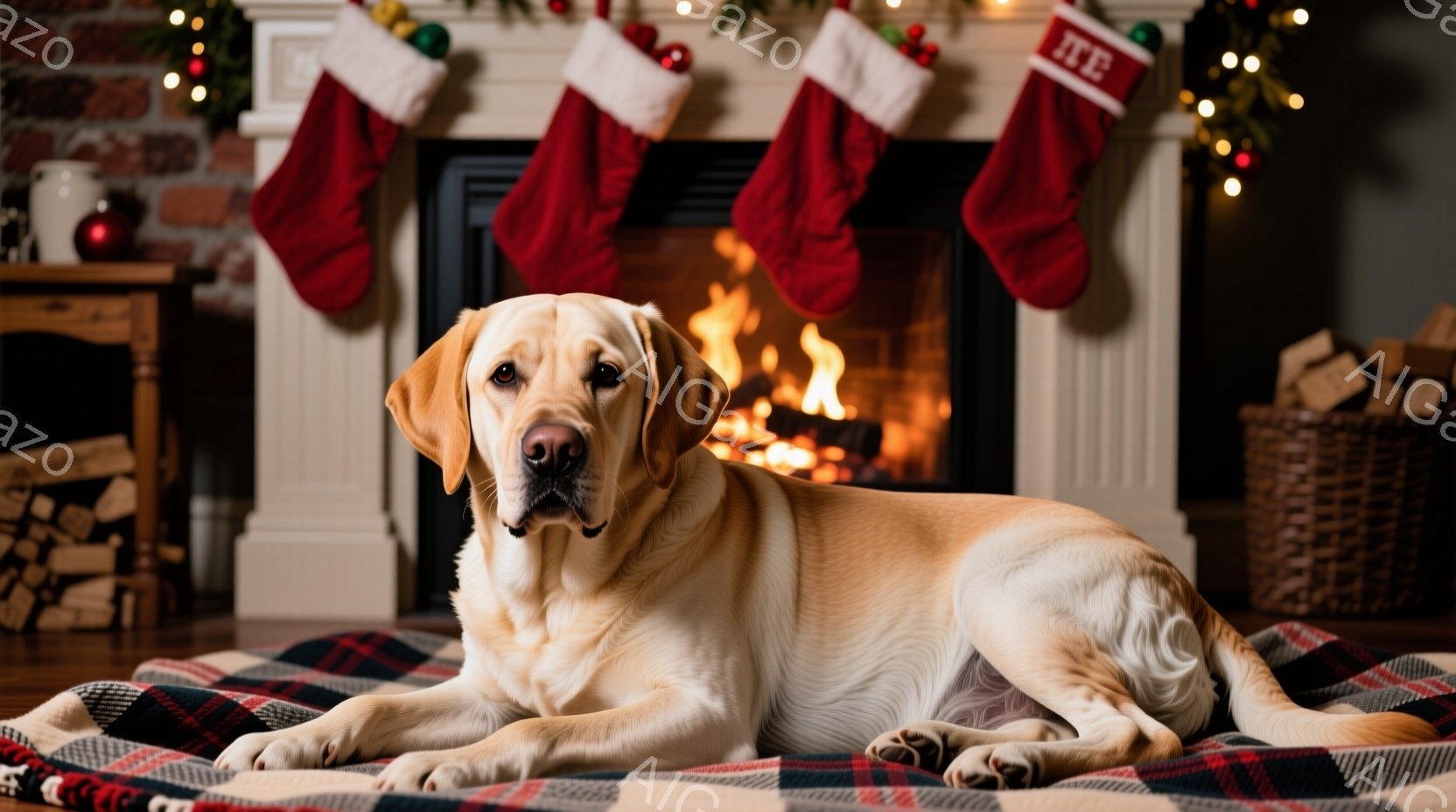クリーム色のラブラドール・レトリバーが、赤と黒のチェック柄の毛布の上で横たわっています。背景には暖炉があり、火が燃えており、赤いクリスマスストッキングが暖炉の棚に飾られています。全体的に、温かく居心地 - AI生成フリー素材