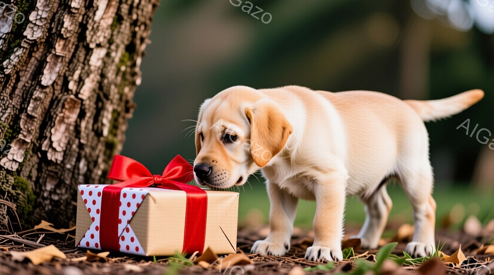 明るいクリーム色のラブラドールの子犬が、赤い水玉模様のリボンで結ばれたプレゼントボックスの前に鼻を近づけています。子犬は少し身をかがめ、興味津々な表情で箱を匂っているようです。背景には木の幹が見え、落ち葉が敷き詰められた地面が広がり、穏やかで優しい雰囲気を醸し出しています。