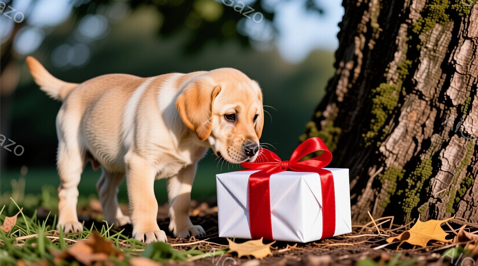 浅黄色の毛並みの小さな子犬が、赤いリボンで結ばれた白いギフトボックスの前に立っている。子犬は鼻をギフトボックスに近づけ、興味津々な表情をしている。背景には緑豊かな草と、幹の表面がざらざらとした大きな木 - AI生成フリー素材