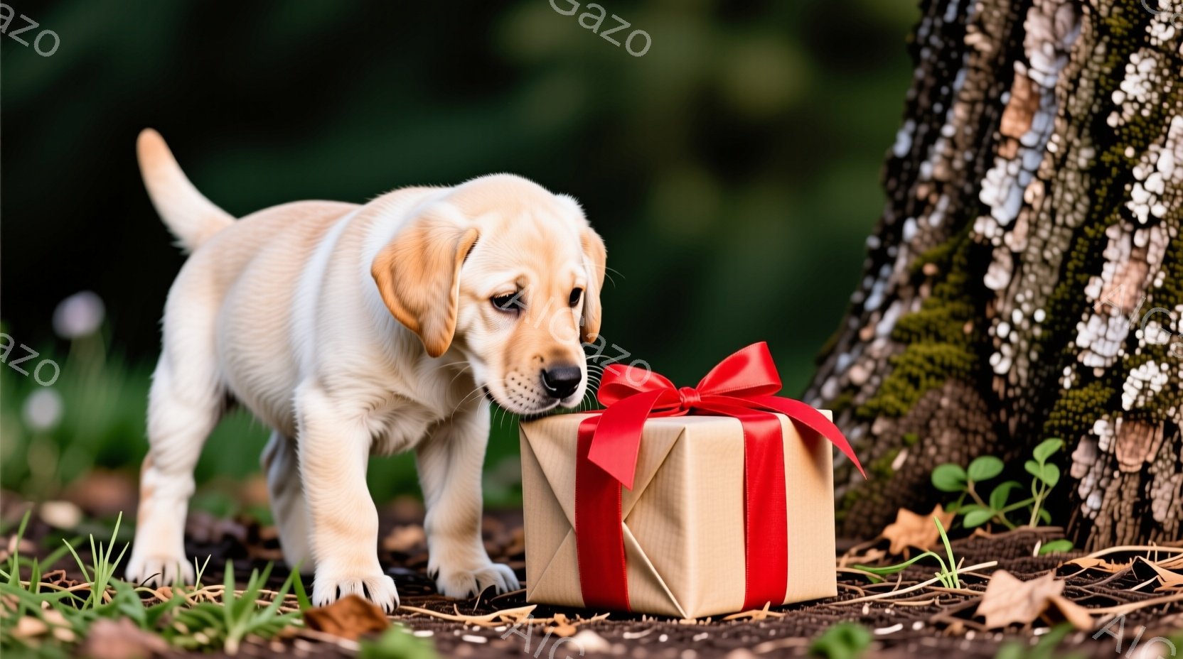 クリーム色の毛並みの子犬が、茶色の包装紙に赤いリボンが結ばれたプレゼントの箱に鼻を近づけています。背景には緑の草が生い茂り、右側には太い木の幹が見え、穏やかで優しい雰囲気が漂っています。子犬は好奇心旺 - AI生成フリー素材