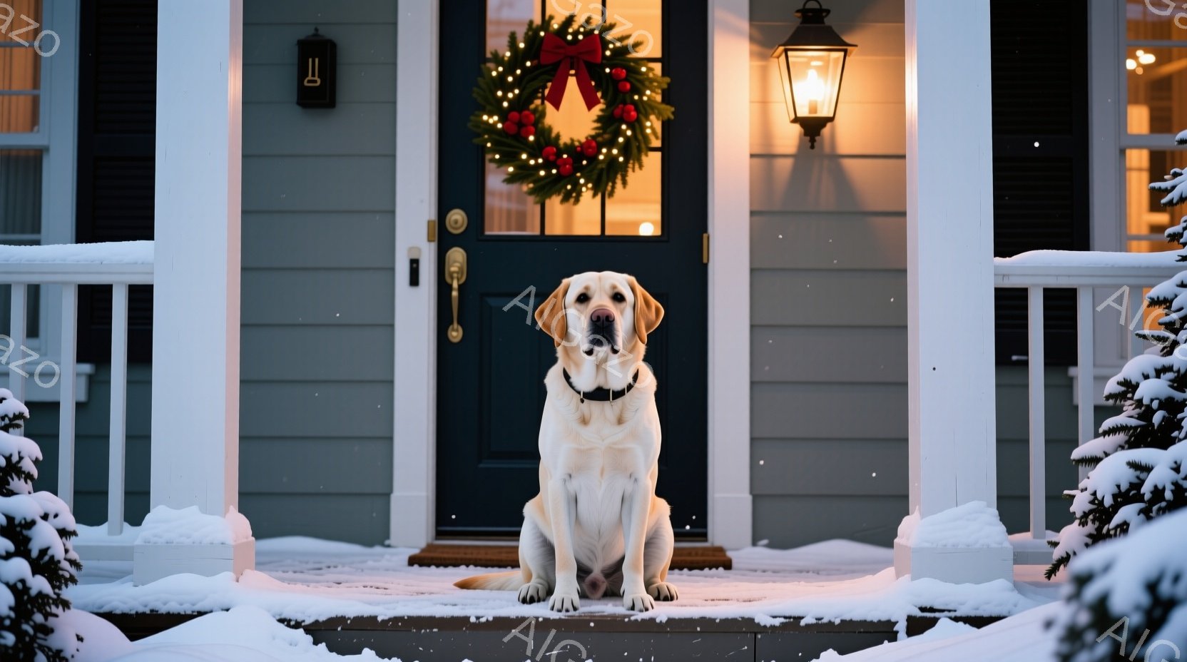 白いラブラドール・レトリバーが、雪に覆われた家の玄関の段差に座っています。背景には、クリスマスリースが飾られた深い青色のドアと、雪が降る冬の風景が広がっています。全体的に、温かく、お祝いの雰囲気で、静かで穏やかな冬の日の光景が表現されています。