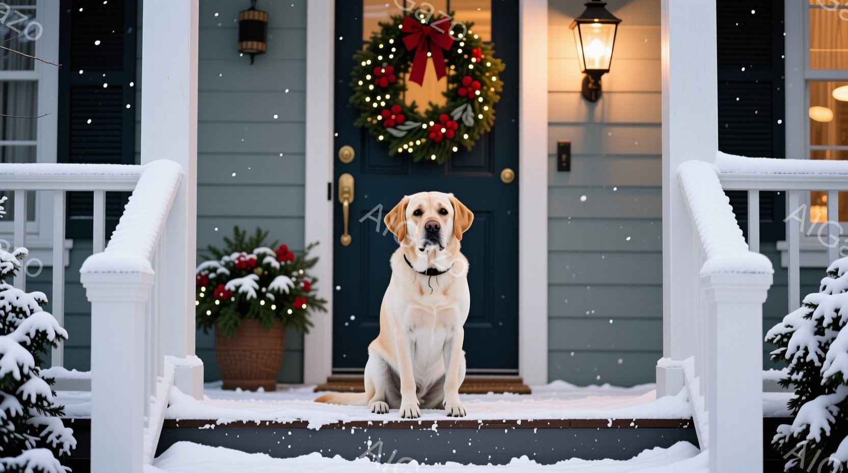 雪がちらつく冬の日に、クリーム色のラブラドール・レトリバーが家の玄関の階段に座っています。背景には、クリスマスリースが飾られた青いドアと、赤い実のついた植物が置かれた鉢植えが見え、暖かい光が灯っています。全体的に、穏やかで幸せな冬の雰囲気が漂っています。
