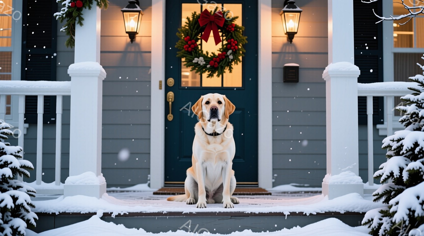 白いラブラドール・レトリバーが、雪に覆われた家の玄関前に座っています。背景には、クリスマスリースが飾られた青いドアと、雪が積もった木々が見え、暖かく穏やかな冬の雰囲気が漂っています。犬は正面を向き、落 - AI生成フリー素材
