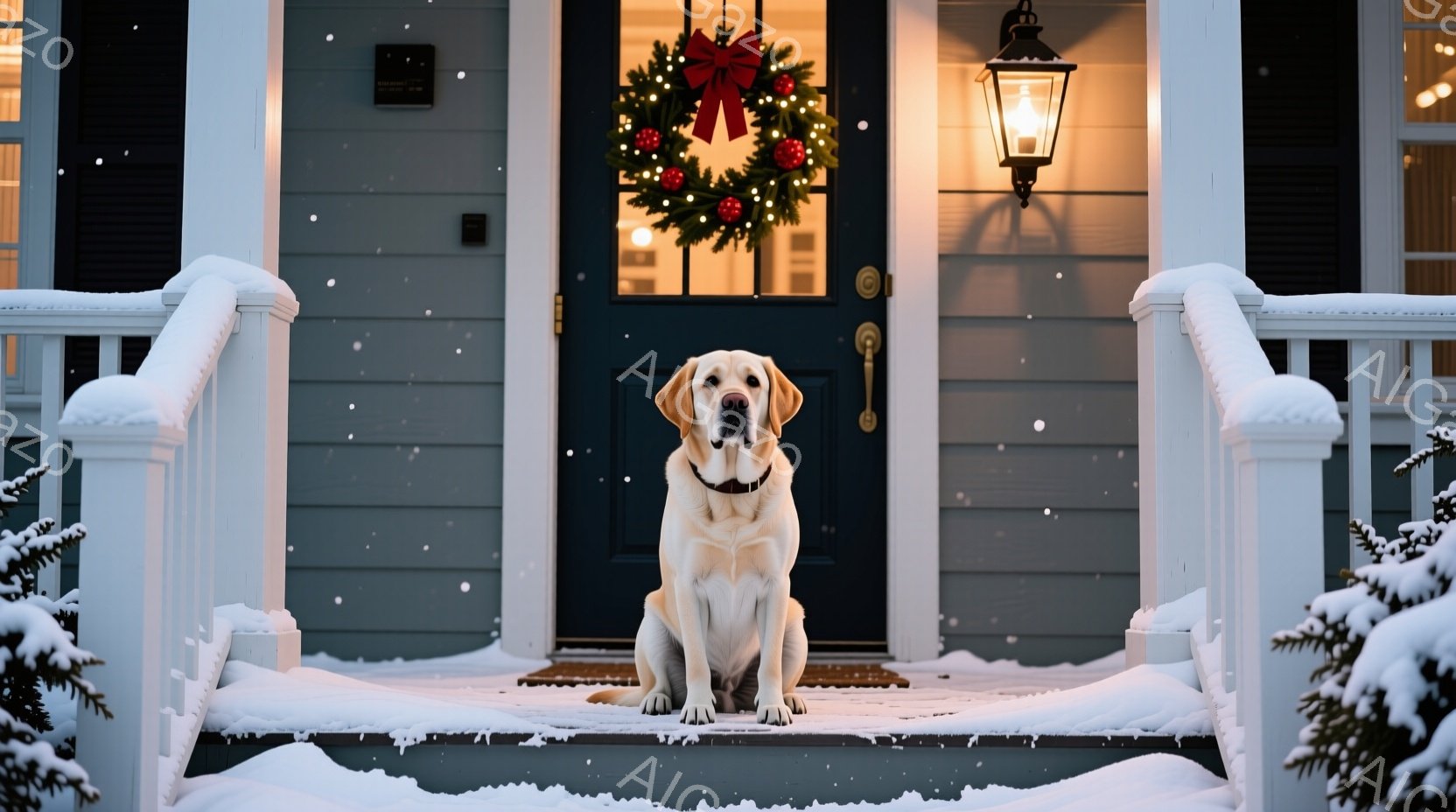 白いラブラドールレトリバーが、雪で覆われた家のステップに座っています。背景には、クリスマスリースが飾られた深い青色のドアと、点灯されたランタンがあり、暖かく穏やかな雰囲気を醸し出しています。雪景色と温 - AI生成フリー素材