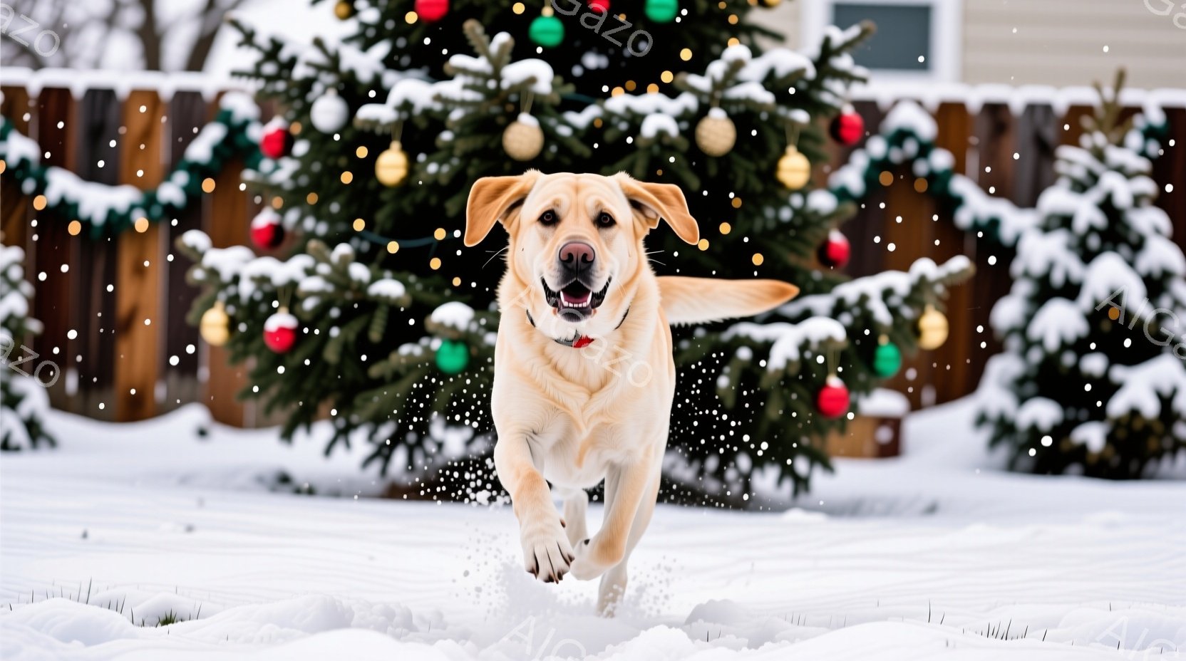 白い毛並みのラブラドール・レトリバーが、雪の上を勢いよく駆けている。背景には、オーナメントで飾られたクリスマスツリーと木製のフェンスが見え、雪が舞う冬の風景が広がっている。犬は口を開けて嬉しそうに走り - AI生成フリー素材