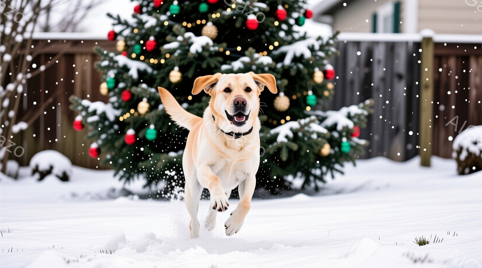 白い雪景色の中で、明るいクリーム色のラブラドール・レトリバーが、雪の中を駆け抜けている。背景には、赤、緑、金色のオーナメントで飾られた大きなクリスマスツリーがあり、雪が降り積もった木製の柵が見える。全 - AI生成フリー素材