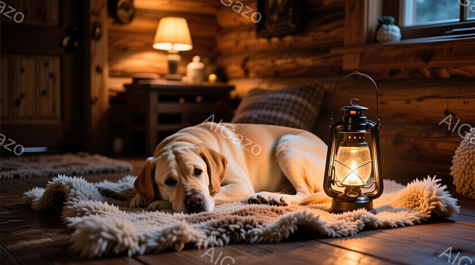 明るい色のラブラドール・レトリバーが、ふわふわのラグの上に横たわっています。暖炉の光と、隣に置かれた古いランタンの灯りが、犬を優しく照らし出しています。背景には木製の壁と家具が見え、温かく落ち着いた雰 - AI生成フリー素材