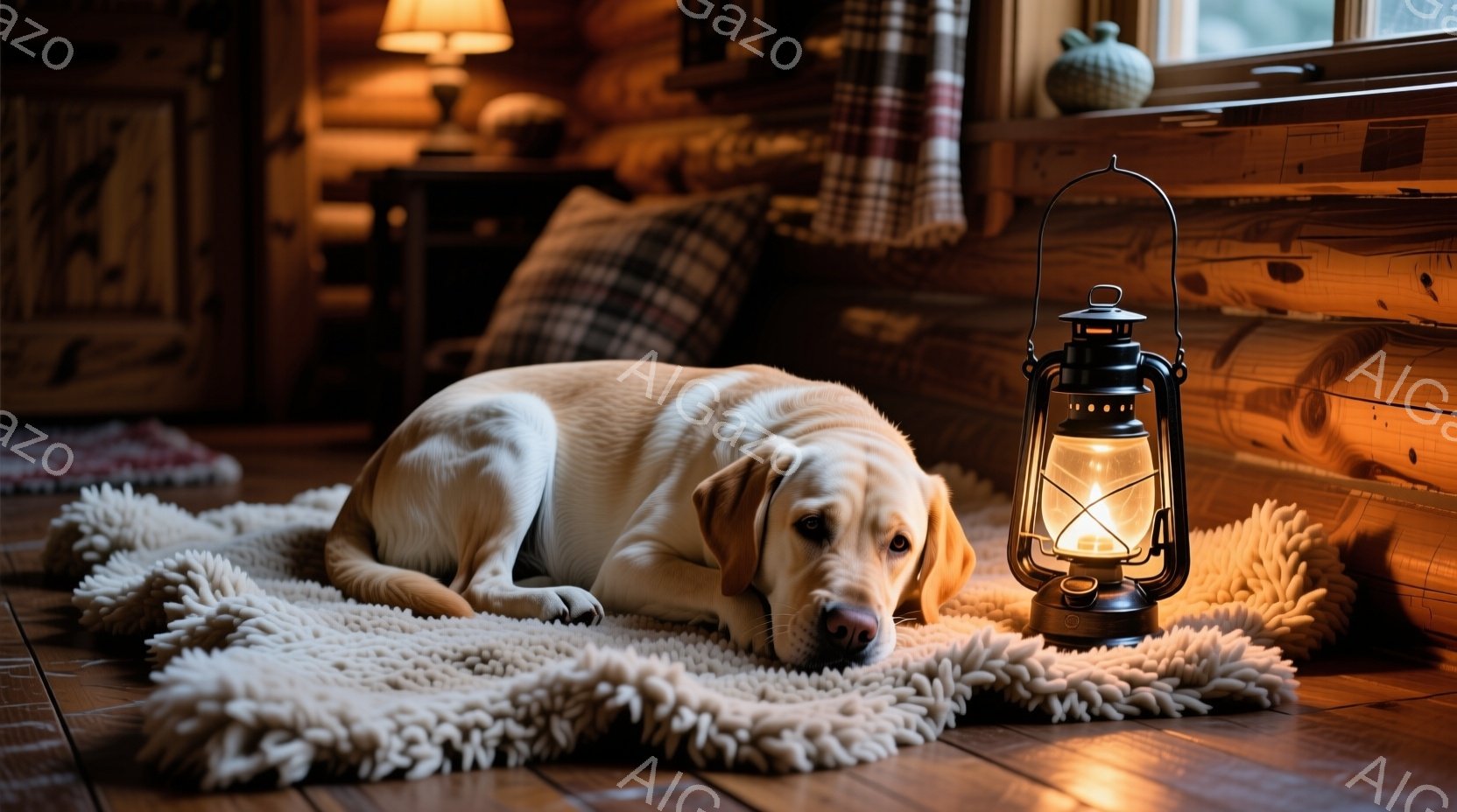 クリーム色のラブレットが、柔らかい毛足の長いラグの上に横たわっており、リラックスした表情で遠くを見つめています。背景には木の壁とチェック柄のクッション、そして暖かく光るランタンがあり、室内は落ち着いた - AI生成フリー素材