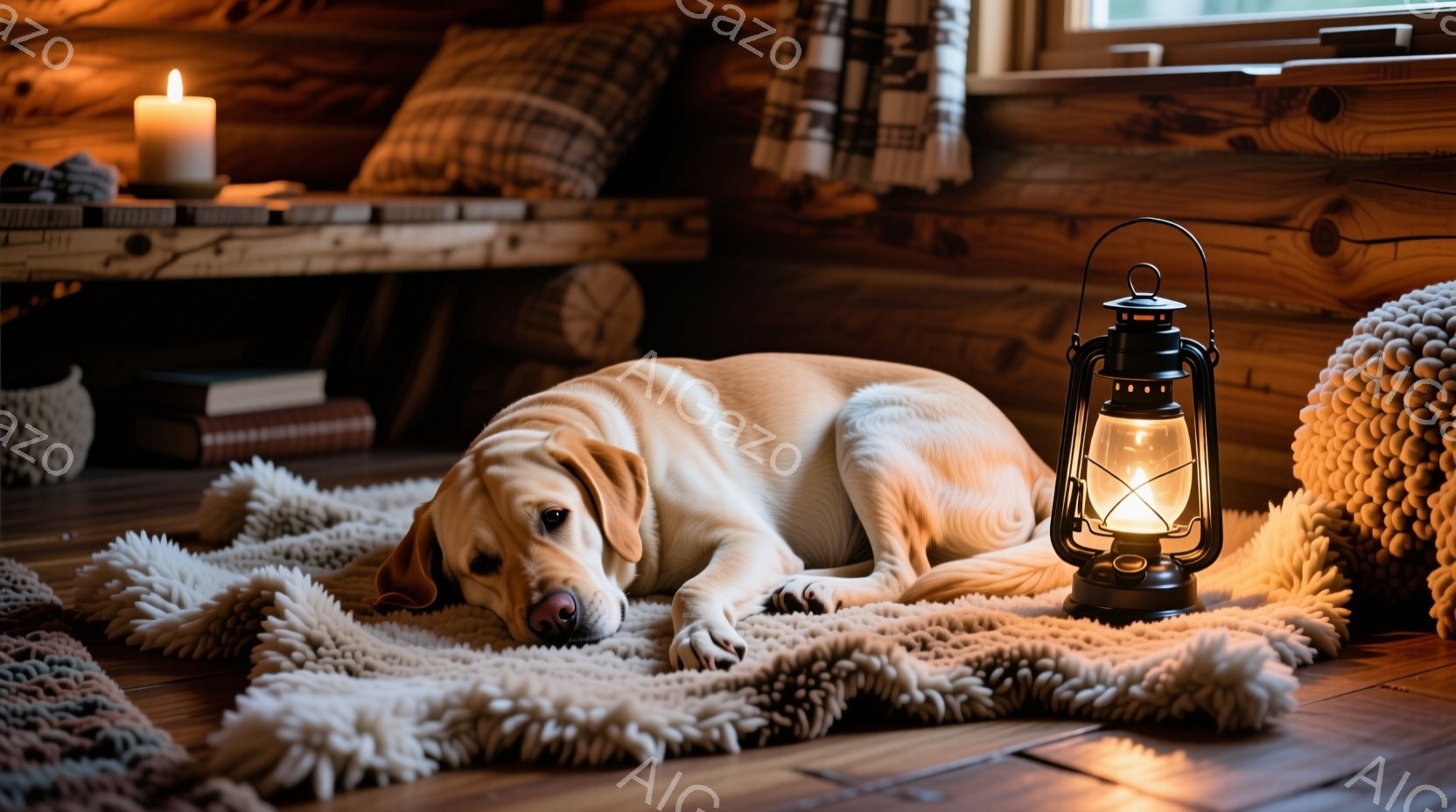 明るい色のラブラドール・レトリバーが、ふわふわの白いラグの上で横たわっています。背景には木の壁と本棚、そして暖かそうなキャンドルとオイルランプが見え、リラックスした雰囲気を作り出しています。全体的に暖 - AI生成フリー素材