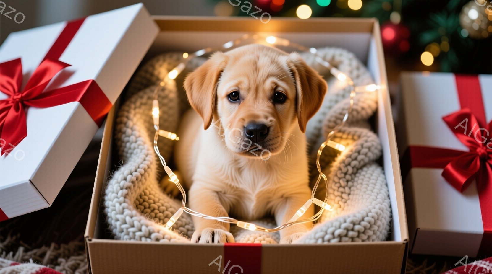 クリーム色の毛並みの小さな子犬が、茶色のギフトボックスの中で丸まって座っています。周りには白い毛糸のブランケットと、温かい光を放つ電飾が飾られ、まるでプレゼントの一部のように見えます。背景には、ぼやけ - AI生成フリー素材