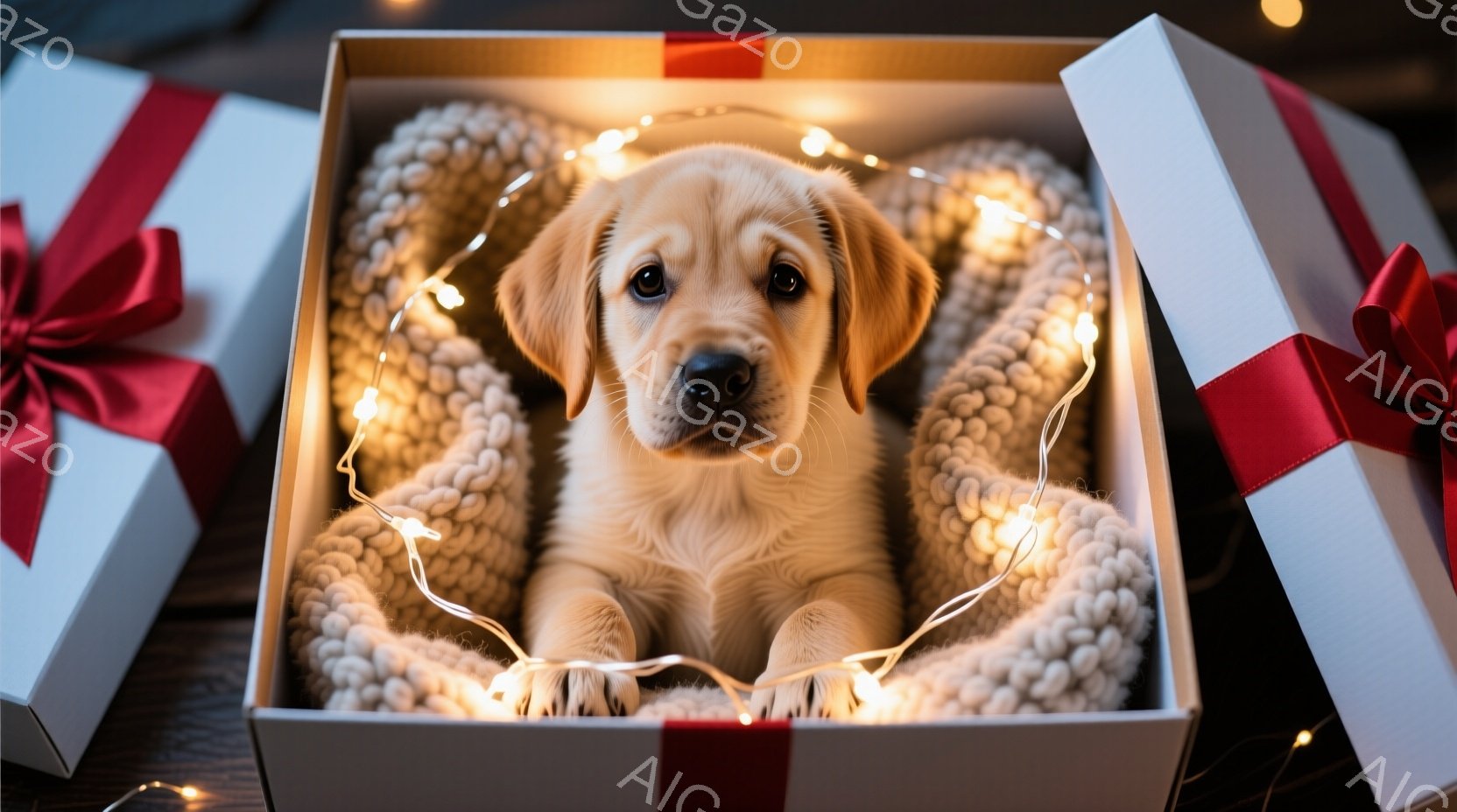 柔らかいクリーム色の毛並みの子犬が、フワフワの毛布の中に座ってこちらを見ています。子犬の周りにはキラキラと光る電飾が巻き付けられ、その周りを白いリボンで飾られたギフトボックスが囲んでいます。全体的に暖 - AI生成フリー素材