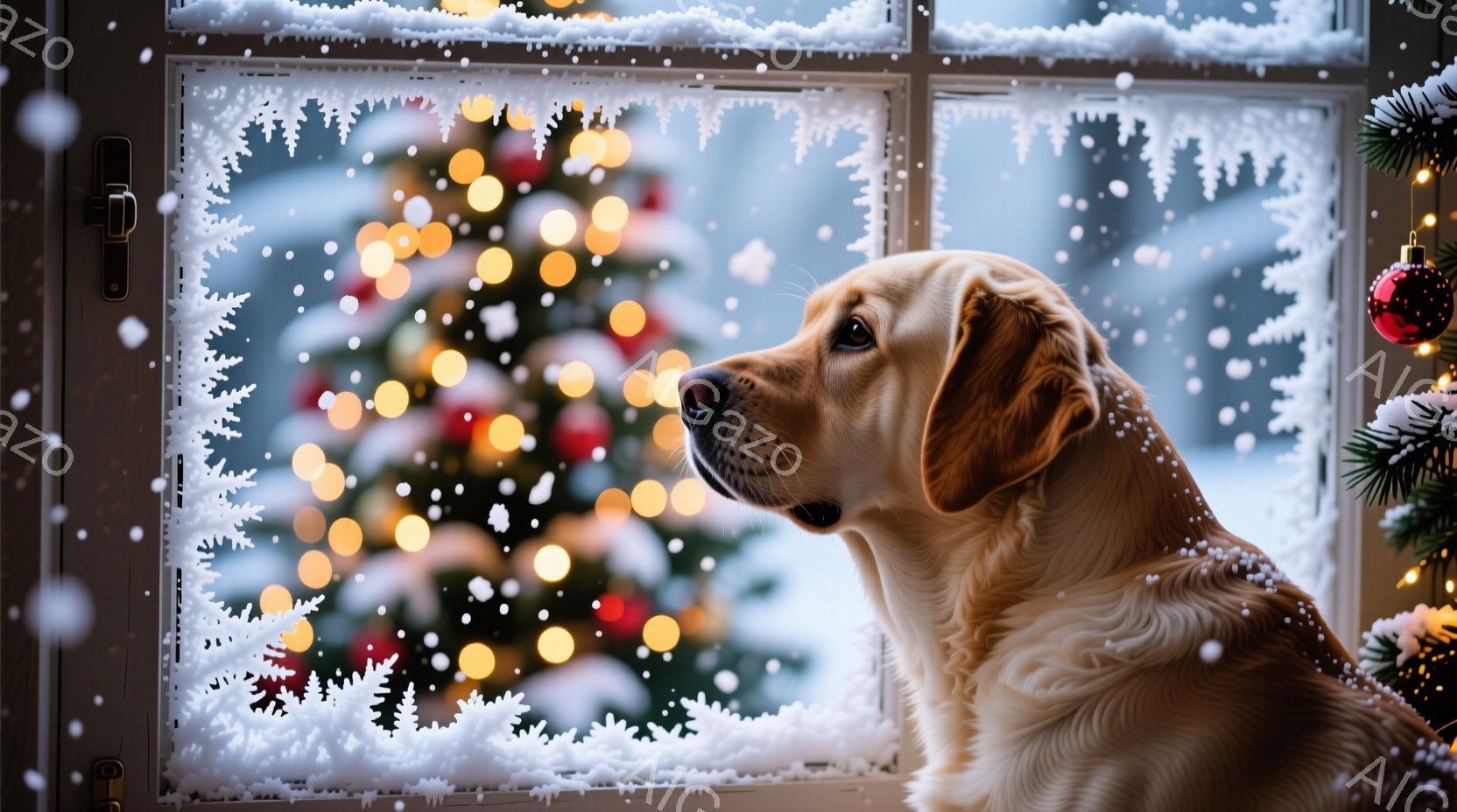 窓枠に寄りかかり、毛並みの美しいゴールデンレトリバーが外を眺めている。背景にはぼやけたクリスマスツリーの光が輝き、雪が舞う冬の暖かい雰囲気を演出している。犬の表情は穏やかで、どこか物思いにふけるような - AI生成フリー素材