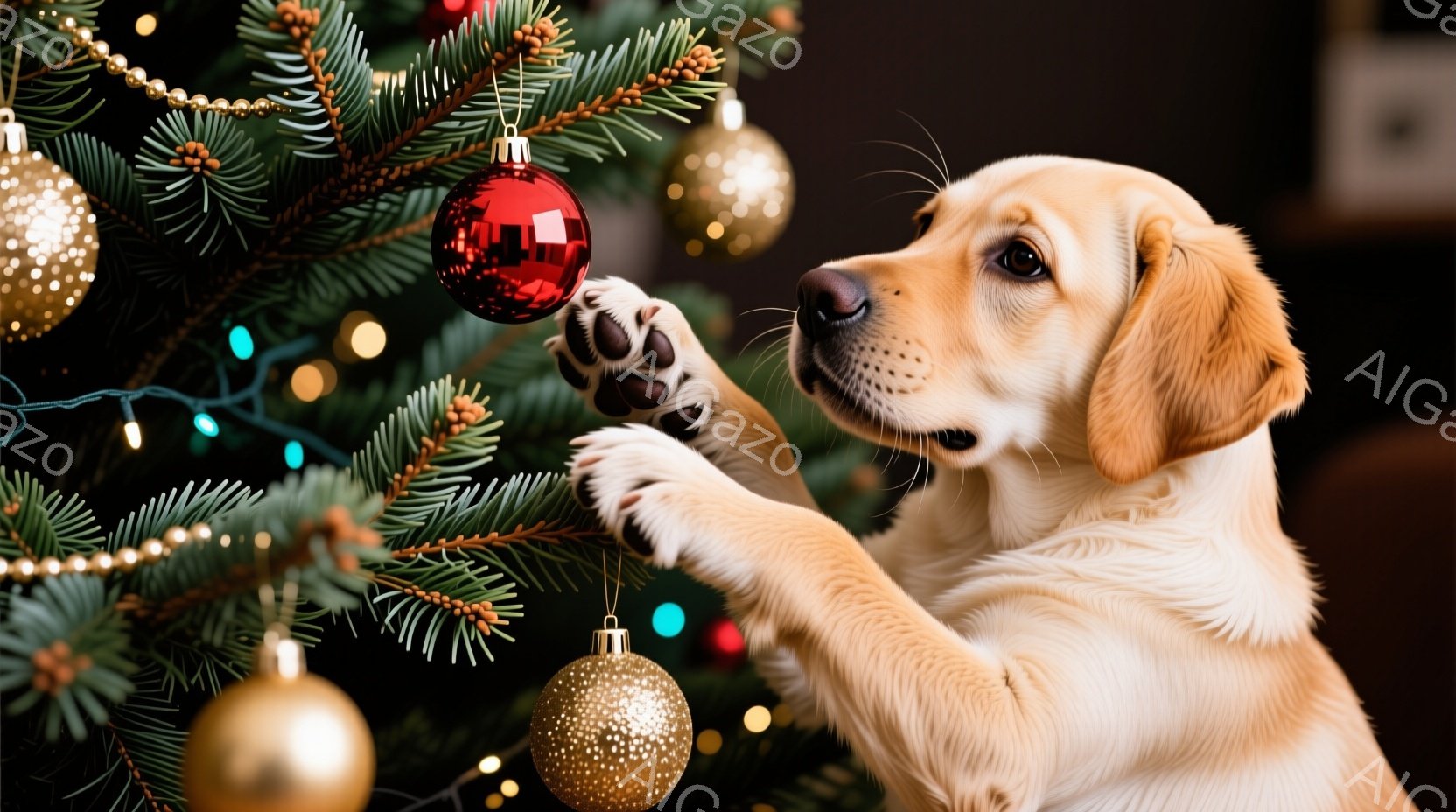 クリスマスツリーの枝に届こうとしている明るいクリーム色のラブラドールレトリバーの子犬が写っています。子犬は前足を伸ばし、赤いオーナメントに触れようとしており、集中した表情をしています。背景には緑の葉と - AI生成フリー素材