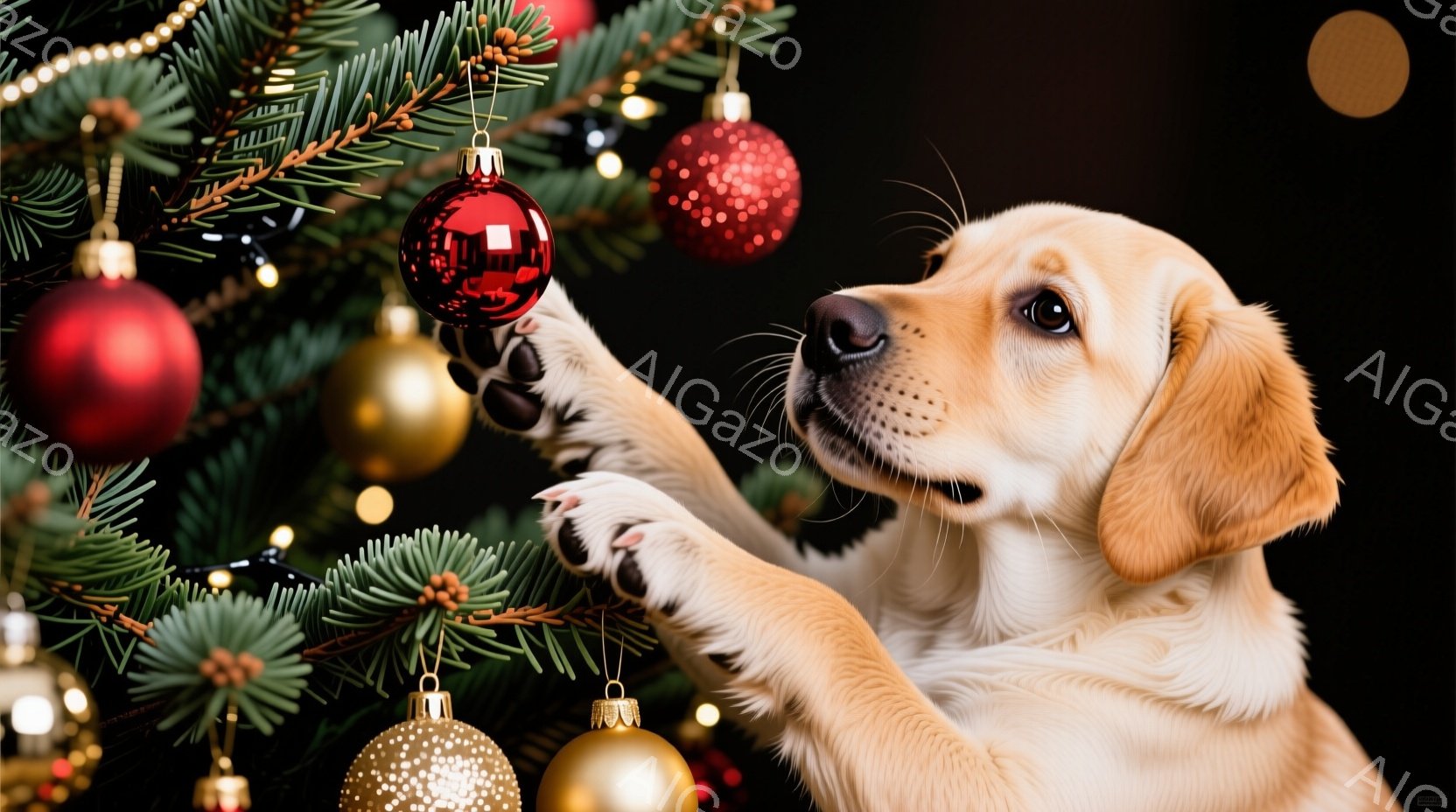 明るい黄色の毛並みの子犬が、クリスマスツリーの枝に手を伸ばして赤いオーナメントに触れようとしています。ツリーは緑豊かな枝に様々な色のオーナメントが飾られ、暖かな光が灯っています。全体的に、遊び心と温か - AI生成フリー素材