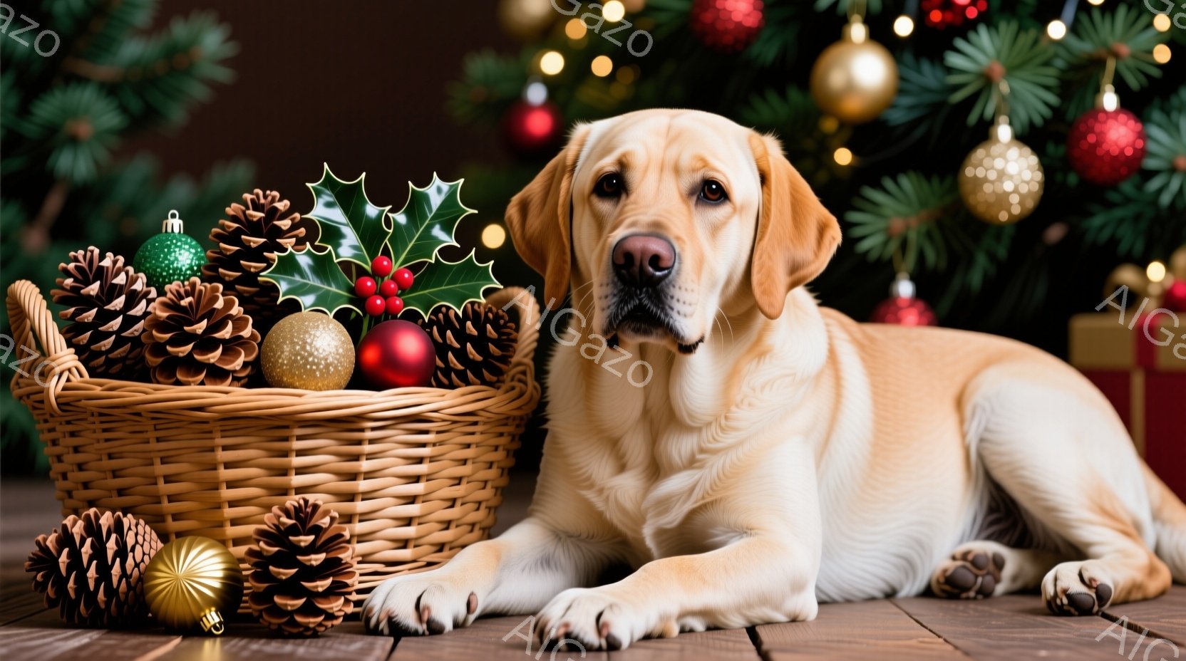 暖かい色の木製の床に、明るいクリーム色のラブラドール・レトリバーが横たわっています。その隣には、松ぼっくりや赤い実で飾られたバスケットがあり、背景にはクリスマスツリーがぼんやりと見えます。全体的に、温 - AI生成フリー素材