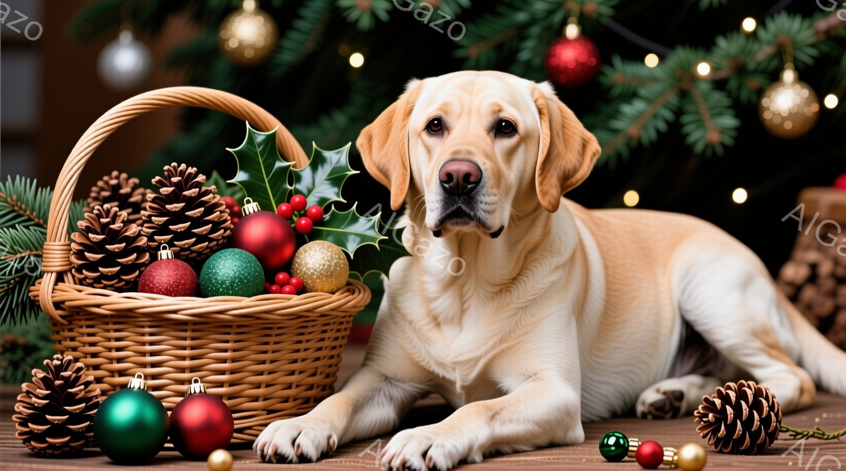 クリーム色のラブレット・レトリバーが木製の床に横たわり、リラックスした様子でカメラを見つめています。 近くには、松ぼっくりや赤い、緑のクリスマスオーナメントが入った籐のバスケットがあり、背景にはぼやけ - AI生成フリー素材