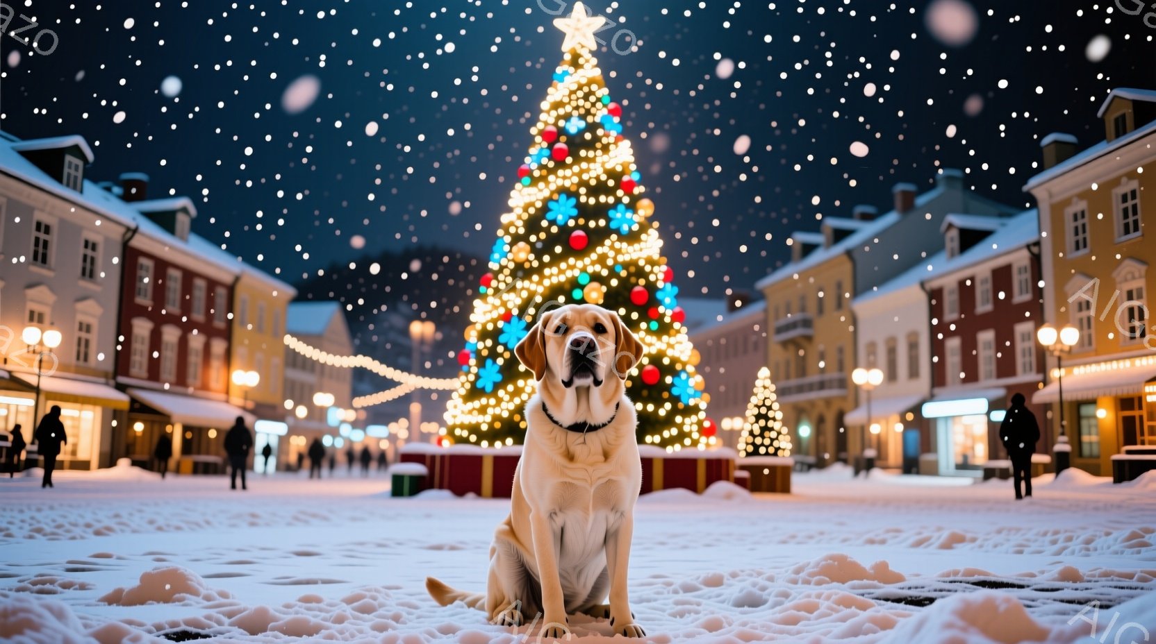 白い雪景色の中に座っている明るい茶色のラブラドール・レトリバーが印象的です。背景には、クリスマスツリーが輝き、街並みがライトアップされた冬の夜の風景が広がっています。雪が降り積もり、温かく幻想的なクリ - AI生成フリー素材