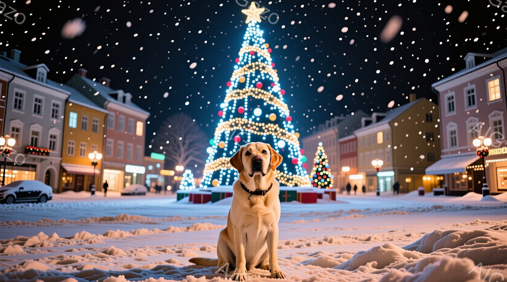 広場の中央に座るラブラドール・レトリバーが写っている。背景には、色とりどりのライトで飾られた巨大なクリスマスツリーが聳え立ち、雪が舞う夜の街並みが広がる。建物は暖色系の色合いで、暖かく穏やかなクリスマ - AI生成フリー素材