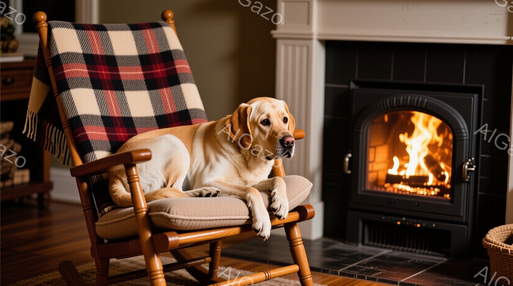 明るい色のロッキングチェアに、ゴールデンレトリバーがリラックスして座っています。犬は前足を広げ、穏やかな表情でカメラを見つめており、ロッキングチェアにはチェック柄のクッションが掛けられています。背景には暖炉があり、炎が燃え盛っており、居心地の良い暖かい雰囲気を醸し出しています。