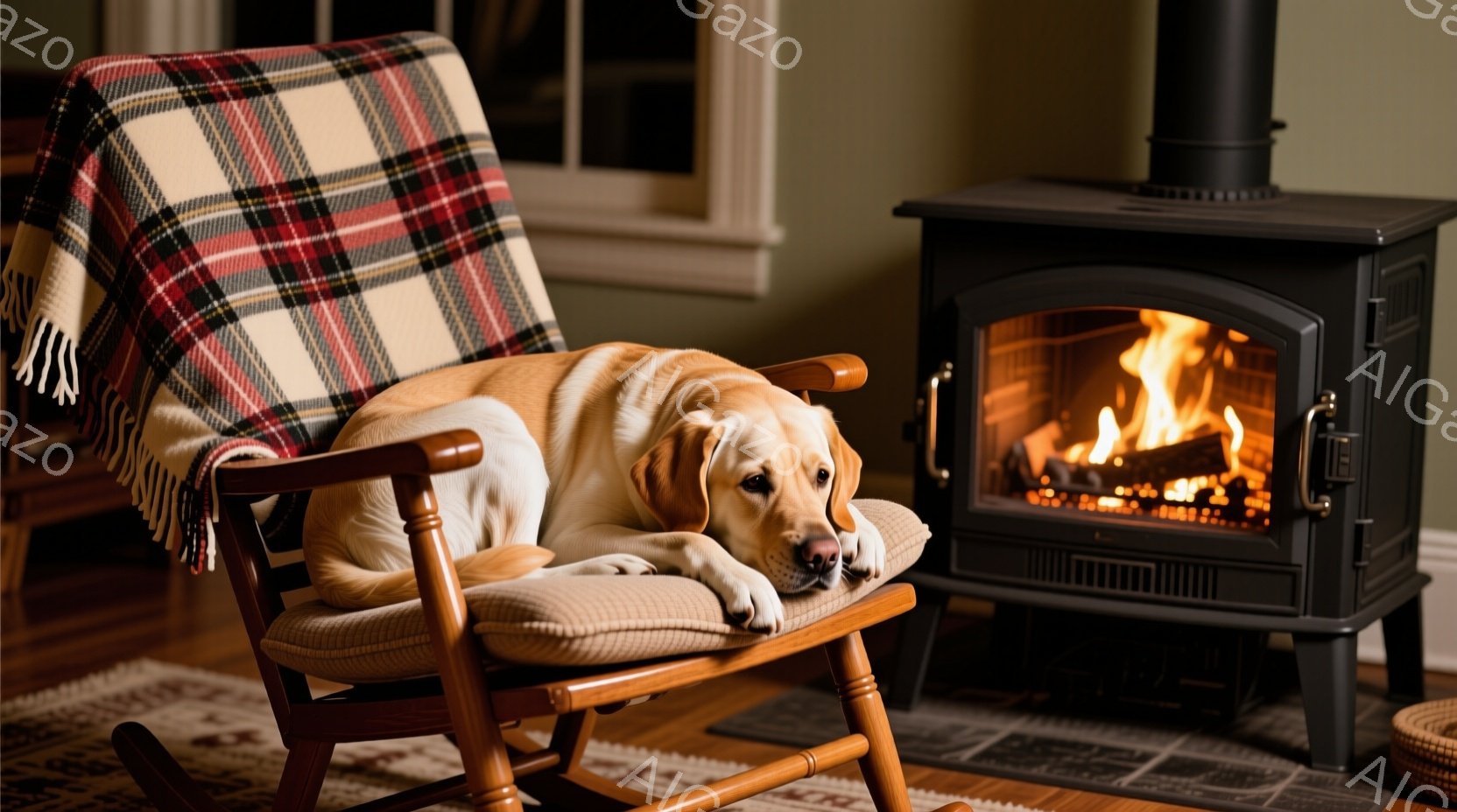 明るい茶色の木製の床に、かわいらしい子犬が編み物のバスケットに丸まって座っています。周りには赤、青、金色のクリスマスオーナメントが散らばっており、背景にはぼやけたクリスマスツリーが見えます。全体的に暖 - AI生成フリー素材