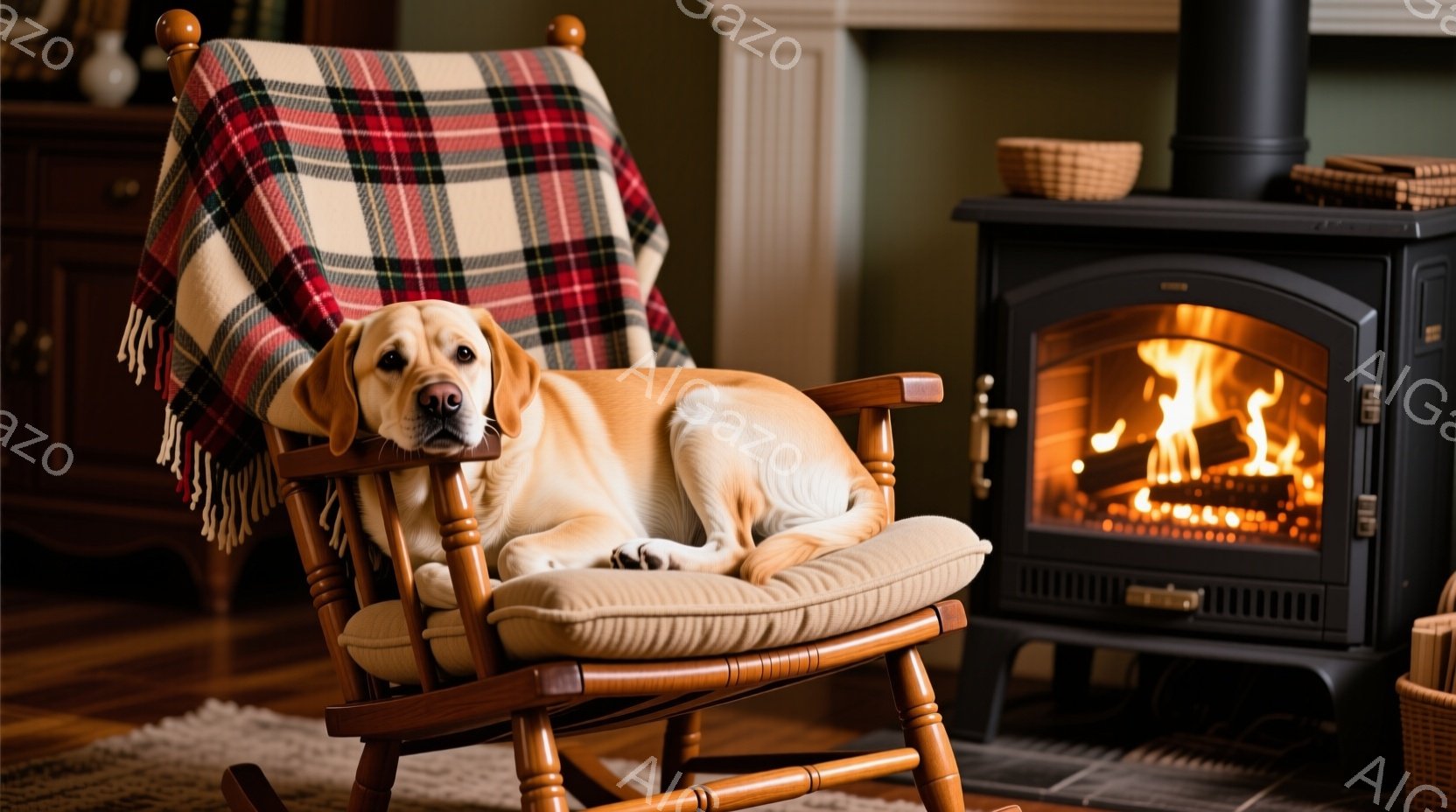 明るい茶色のラブラドール・レトリバーが、クッションの効いたロッキングチェアにゆったりと横たわっています。背景には、暖炉があり、炎が燃え盛り、温かい雰囲気を醸し出しています。ロッキングチェアには、赤と白 - AI生成フリー素材