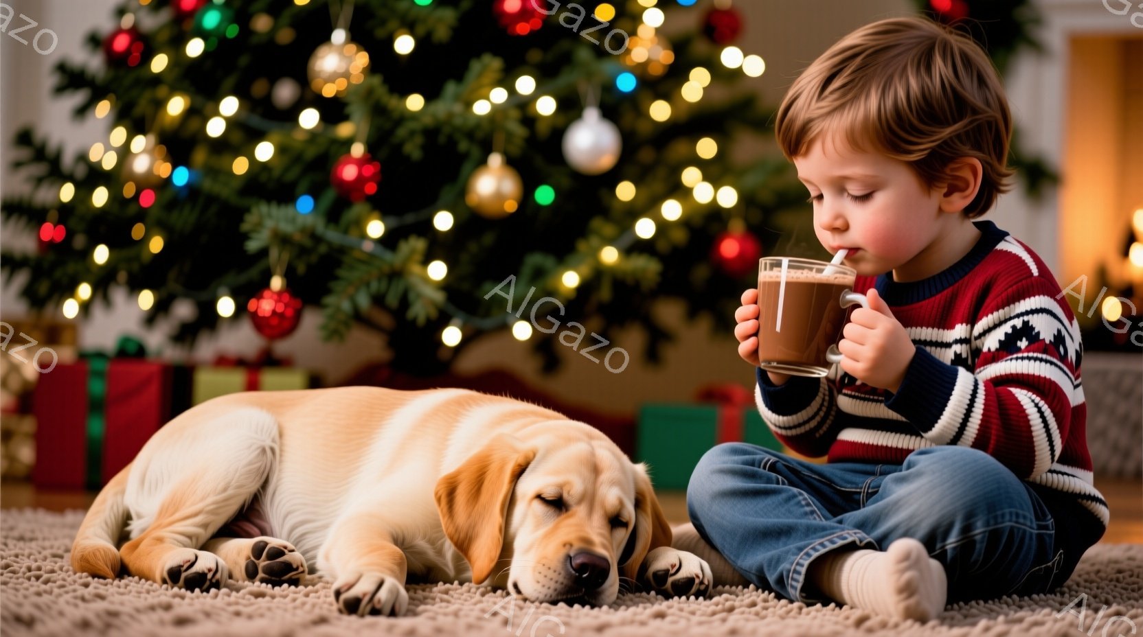 暖炉のそばのカーペットの上に、金髪の少年が座って、ストローで飲み物を飲んでいます。少年は赤いセーターとジーンズを着ており、微笑みを浮かべています。背景には、クリスマスツリーとプレゼントの箱があり、温か - AI生成フリー素材