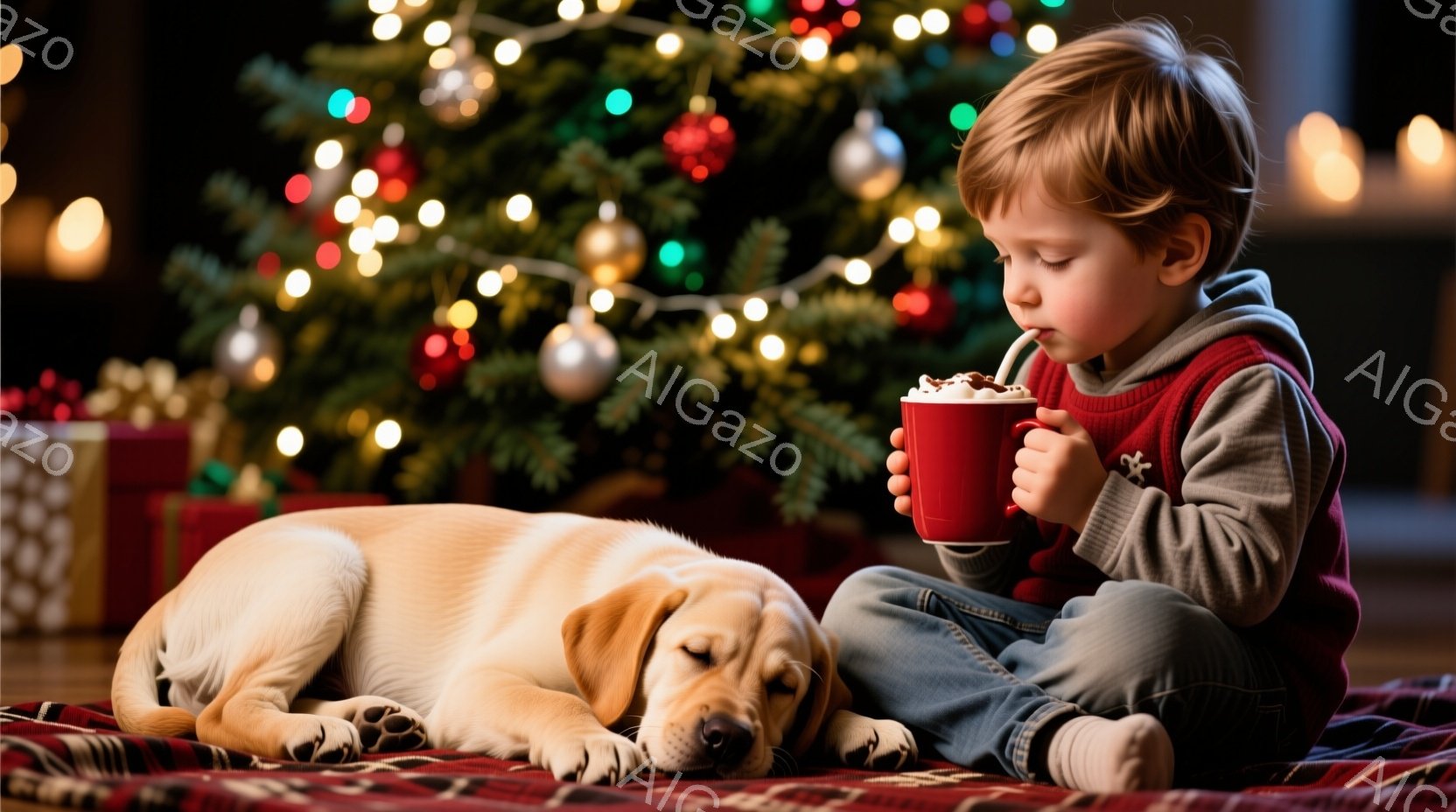少年は赤いマグカップから何かを飲みながら、膝を曲げて座っています。彼は灰色のセーターベストとジーンズを着ており、金髪は短くカットされています。背景には、輝くクリスマスツリーとプレゼントの箱があり、金色のラブラドールの子犬が敷物の上で眠っており、温かく心地よい雰囲気を作り出しています。