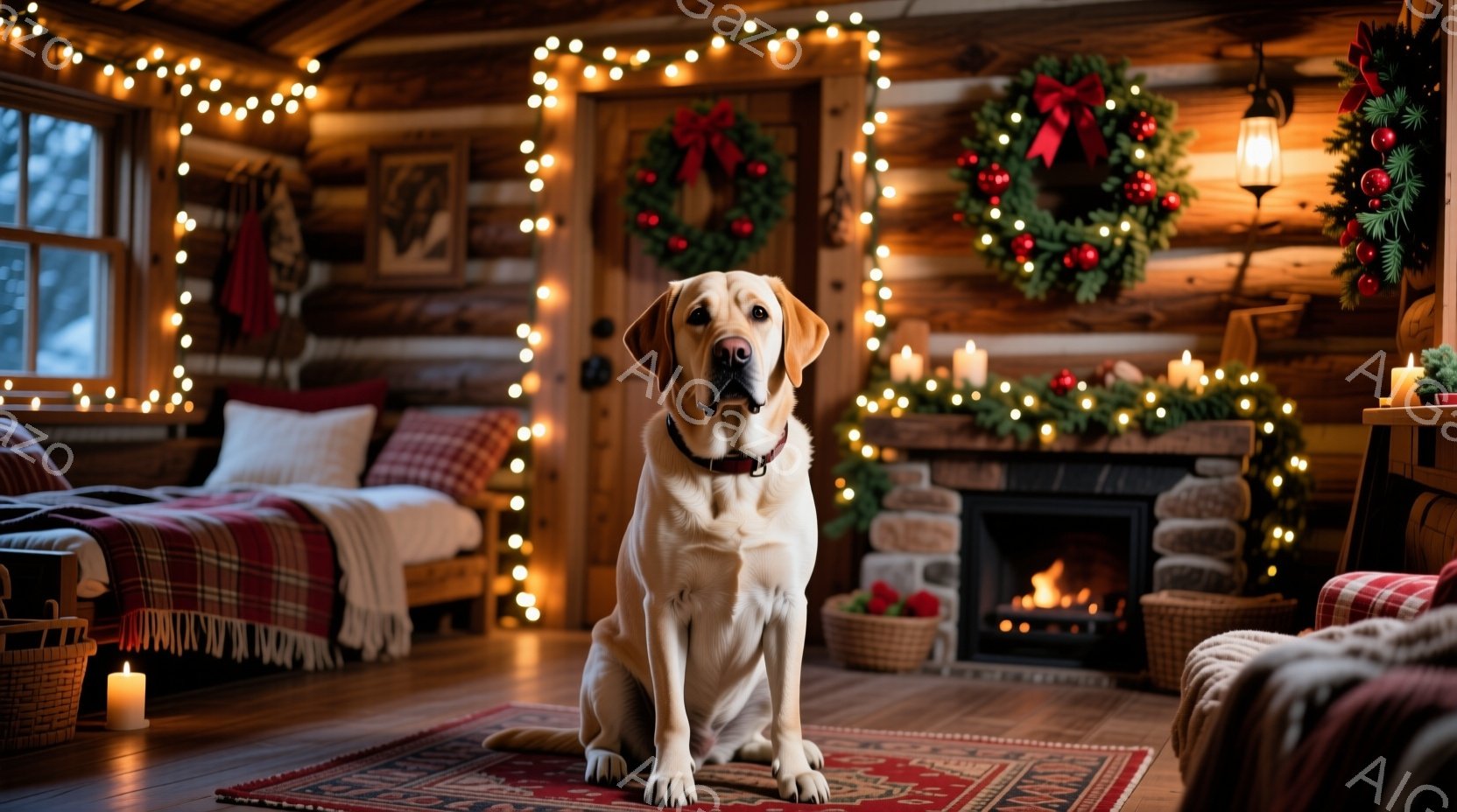 暖炉のある木の家の室内で、クリーム色のラブラドール・レトリバーが正面を向き、座っています。部屋はクリスマス装飾で飾られ、赤いチェック柄のベッド、暖炉の上の花輪、そしてあちこちに配置されたキャンドルと電 - AI生成フリー素材