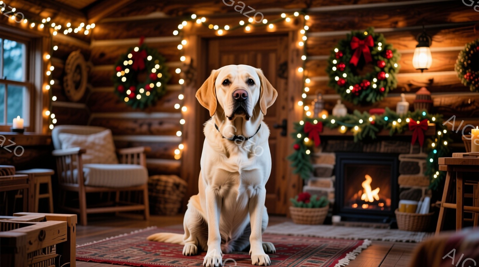 暖炉のある居間に、明るい毛並みのラブラドール・レトリバーが座っています。背景にはクリスマスデコレーションが施され、キャンドルや花輪が暖かく優しい雰囲気を醸し出しています。赤いペルシャ絨毯の上に座り、落ち着いた表情で正面を見つめており、温かいクリスマスのひとコマを切り取ったような情景です。