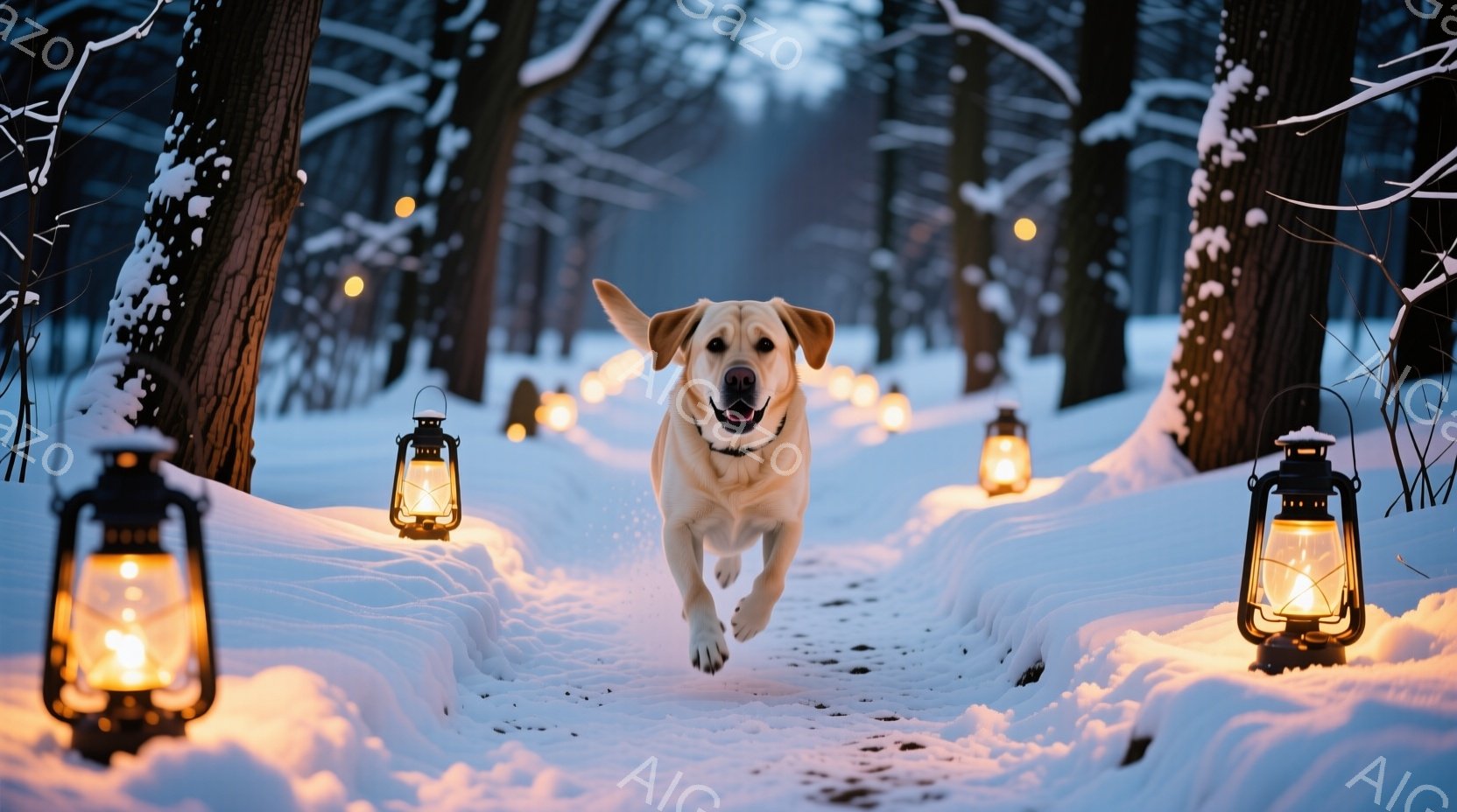 白い毛並みの犬が雪の積もった森の中を勢いよく駆け抜けている。両脇には灯りがともったランタンが並び、雪道に暖かな光を投げかけている。背景は雪に覆われた木々で、遠くがぼやけており、幻想的で冬の静寂を感じさ - AI生成フリー素材