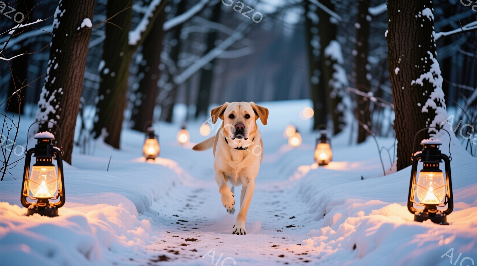 雪に覆われた森の道の中央を、クリーム色のラブラドールレトリバーが勢いよく駆け抜けている。両脇には古いランタンが並び、暖かく優しい光を放ち、雪景色を照らしている。背景は木々に覆われ、雪が降り積もった静か - AI生成フリー素材