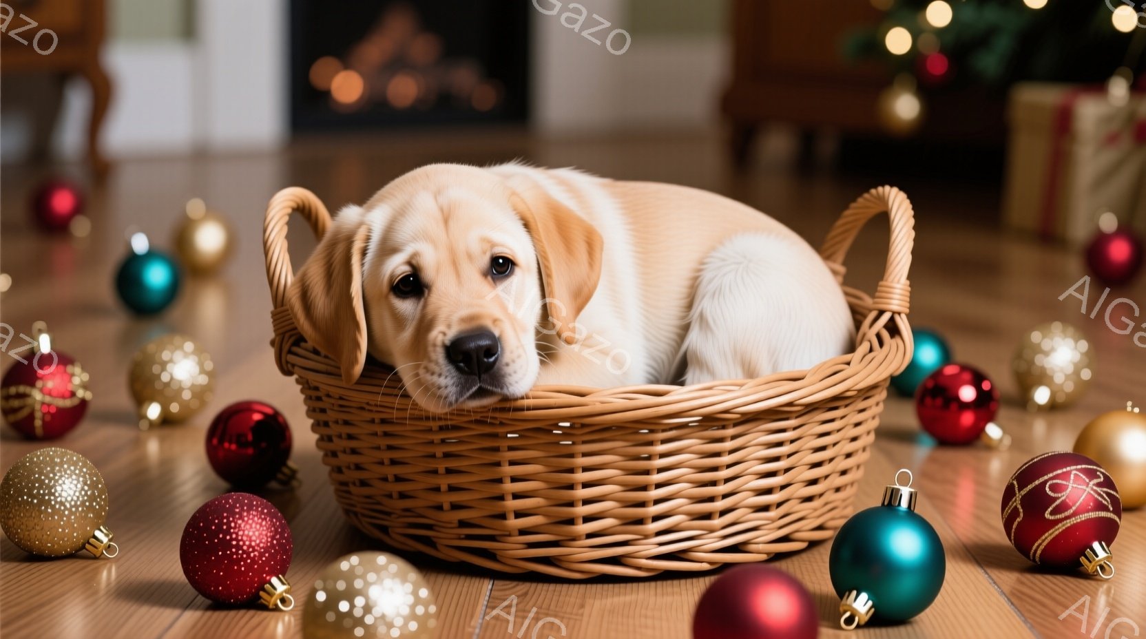 暖炉のある部屋の床に、編まれたバスケットに入った小さな金色のレトリバーの子犬がいます。子犬はリラックスした様子で丸まっており、少しだけこちらを見ています。背景には、クリスマスオーナメントが散らばってお - AI生成フリー素材