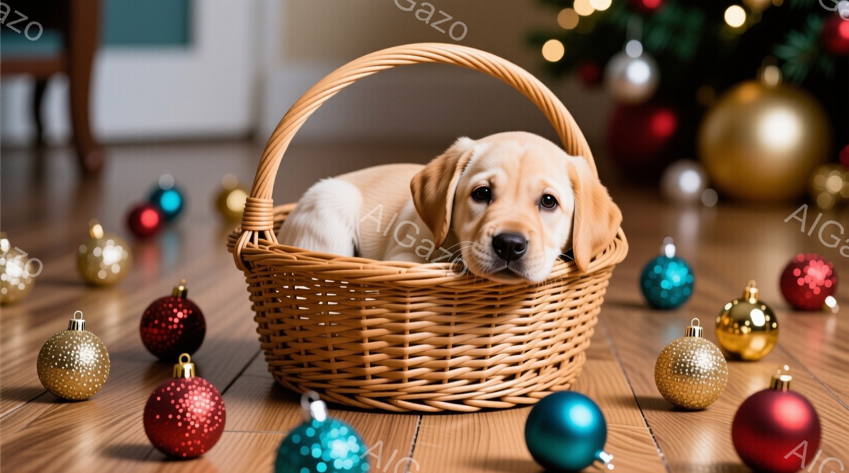 明るい茶色の木製バスケットの中に、小さな金色のレトリバーの子犬が丸まって座っています。子犬は穏やかな表情で、少し上目遣いをしています。背景には、クリスマスのオーナメントが散らばり、遠くにはクリスマスツリーの一部が見え、温かくお祝いムードに満ちた室内空間が表現されています。