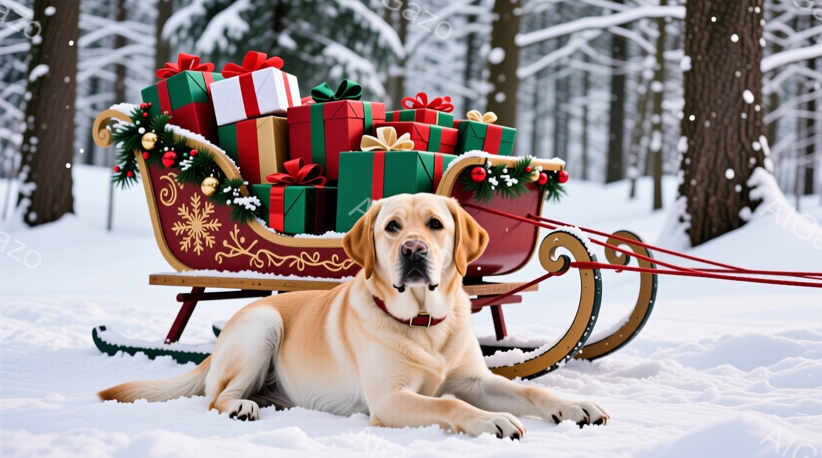 雪景色の中に、赤いそりが置かれ、その中に緑と赤のリボンで飾られたプレゼントの山が積み上げられています。明るい毛並みのラブラドール・レトリバーが、そりの前に横たわり、リラックスした表情でカメラを見つめて - AI生成フリー素材