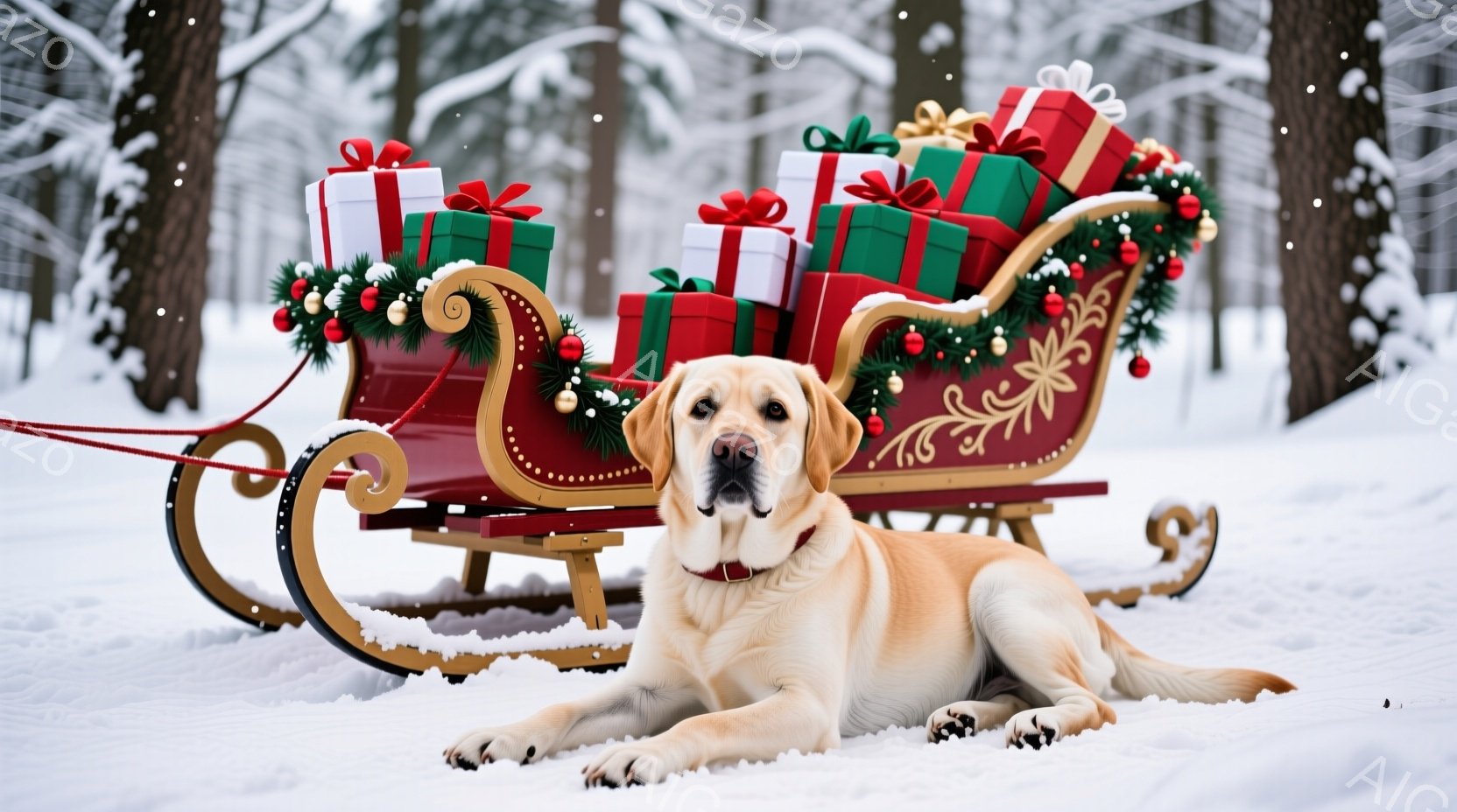 白い毛並みのラブラドール・レトリバーが、雪の上に横たわっています。背景には、プレゼントでいっぱいの赤いそりが置かれており、緑のガーランドと赤い実で飾られています。雪が降り積もる冬の森を背景に、温かく、 - AI生成フリー素材