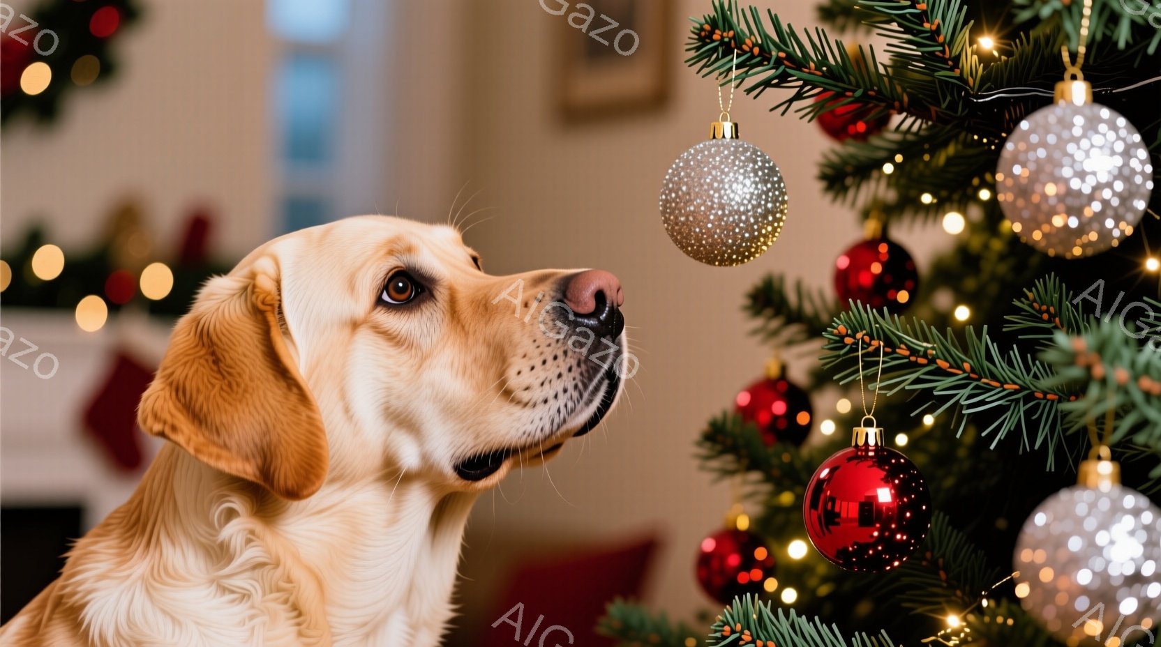 明るい茶色のラブラドール・レトリバーが、クリスマスツリーのオーナメントを見上げています。ツリーは赤と銀のボールで飾られており、背景にはぼやけた赤いクッションが見えます。暖かく、お祝いの雰囲気が漂う、家庭的なクリスマスの光景です。