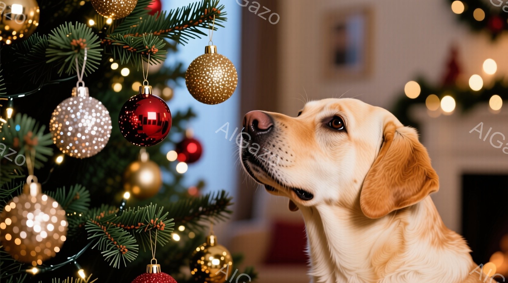 クリスマスツリーの前にいる明るい毛並みのゴールデンレトリバーが写っています。犬は上を見上げて、輝くオーナメントに興味津々な表情をしています。背景はぼやけていますが、温かい光が灯った居間に見え、クリスマ - AI生成フリー素材