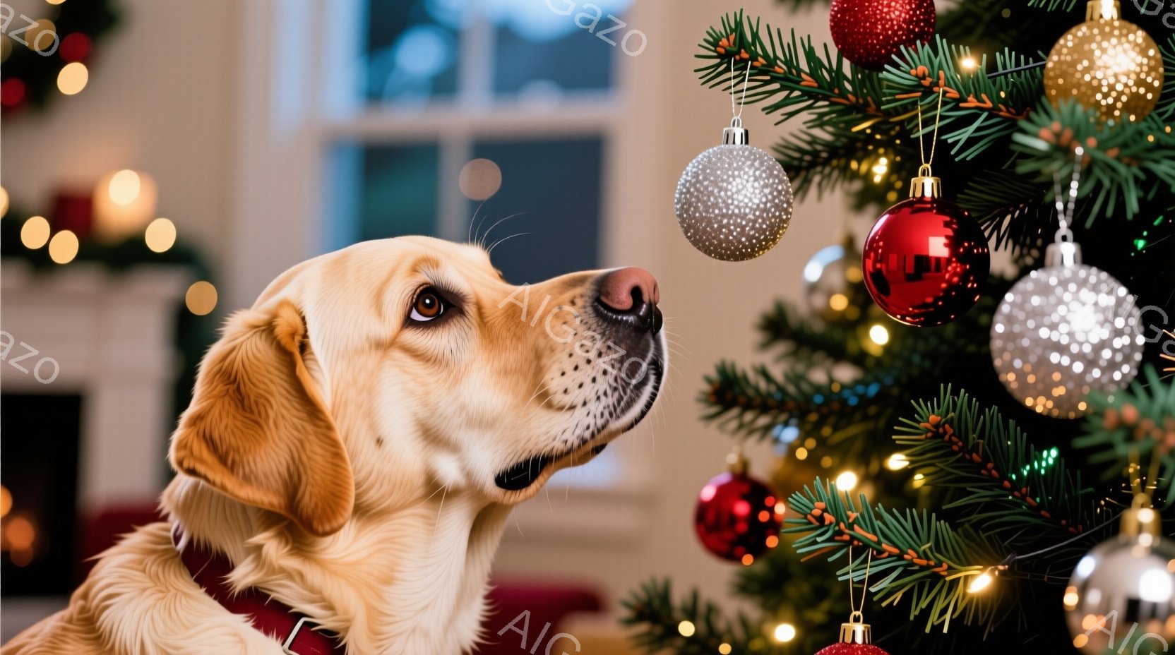 ゴールデンレトリバーがクリスマスツリーを見上げている様子が写っている。ツリーには赤い、銀色のオーナメントが飾られており、背景はぼやけて暖炉が見える。全体的に暖かく、穏やかなクリスマスの雰囲気が漂ってい - AI生成フリー素材