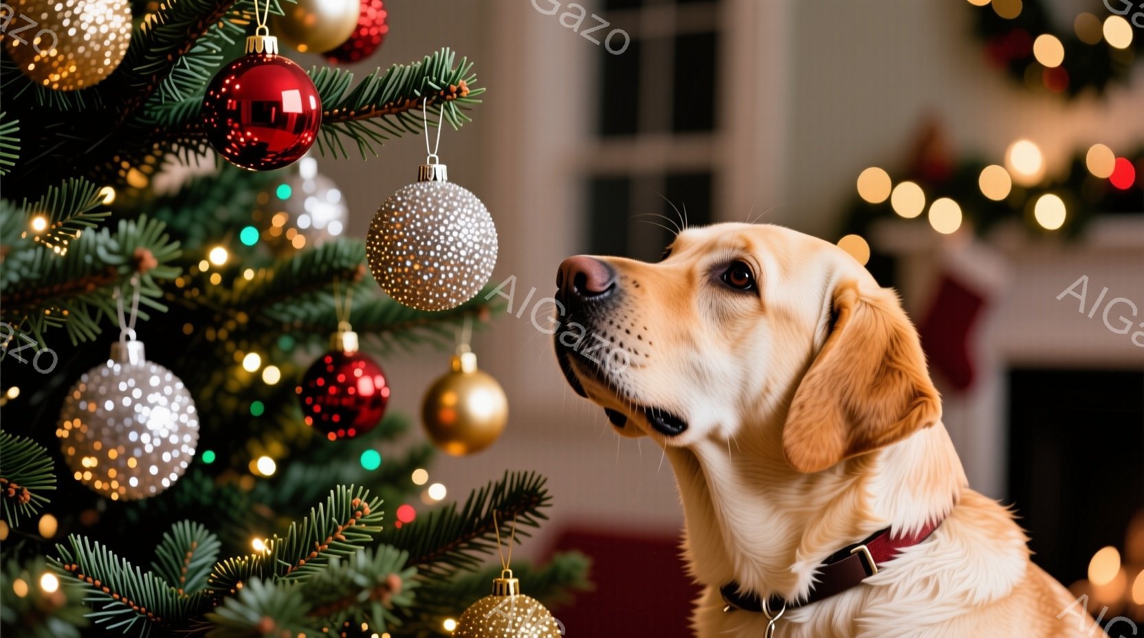 クリスマスツリーのそばにいるゴールデンレトリバーが写っています。犬は上を見上げており、興味津々な表情でオーナメントを見つめています。背景にはぼやけたクリスマスツリーの飾りと、暖かく穏やかな光が広がって - AI生成フリー素材