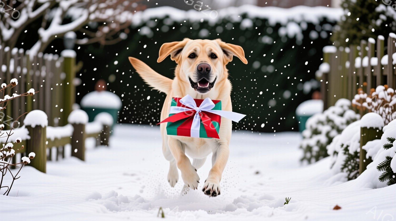 鮮やかな雪景色の中、茶色のラブラドール・レトリバーが、リボンのかかった緑色のプレゼントボックスを口にくわえて走り去っている。犬は嬉しそうに口を開け、雪煙を巻き上げながら勢いよく駆け抜けている。背景には - AI生成フリー素材