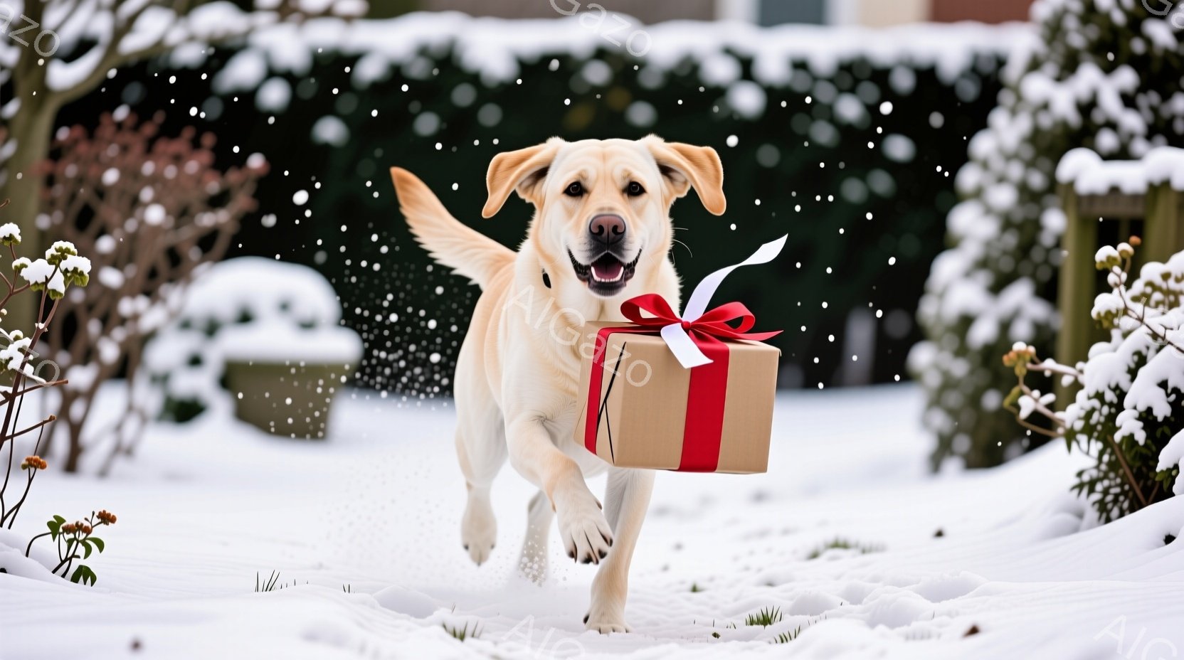 白い毛並みのラブラドール・レトリバーが雪の上を走り、口にくくり付けられた茶色のギフトボックスを運んでいます。犬は嬉しそうな表情で、その目は輝き、勢いよく前進しています。背景には雪に覆われた低木や庭があ - AI生成フリー素材