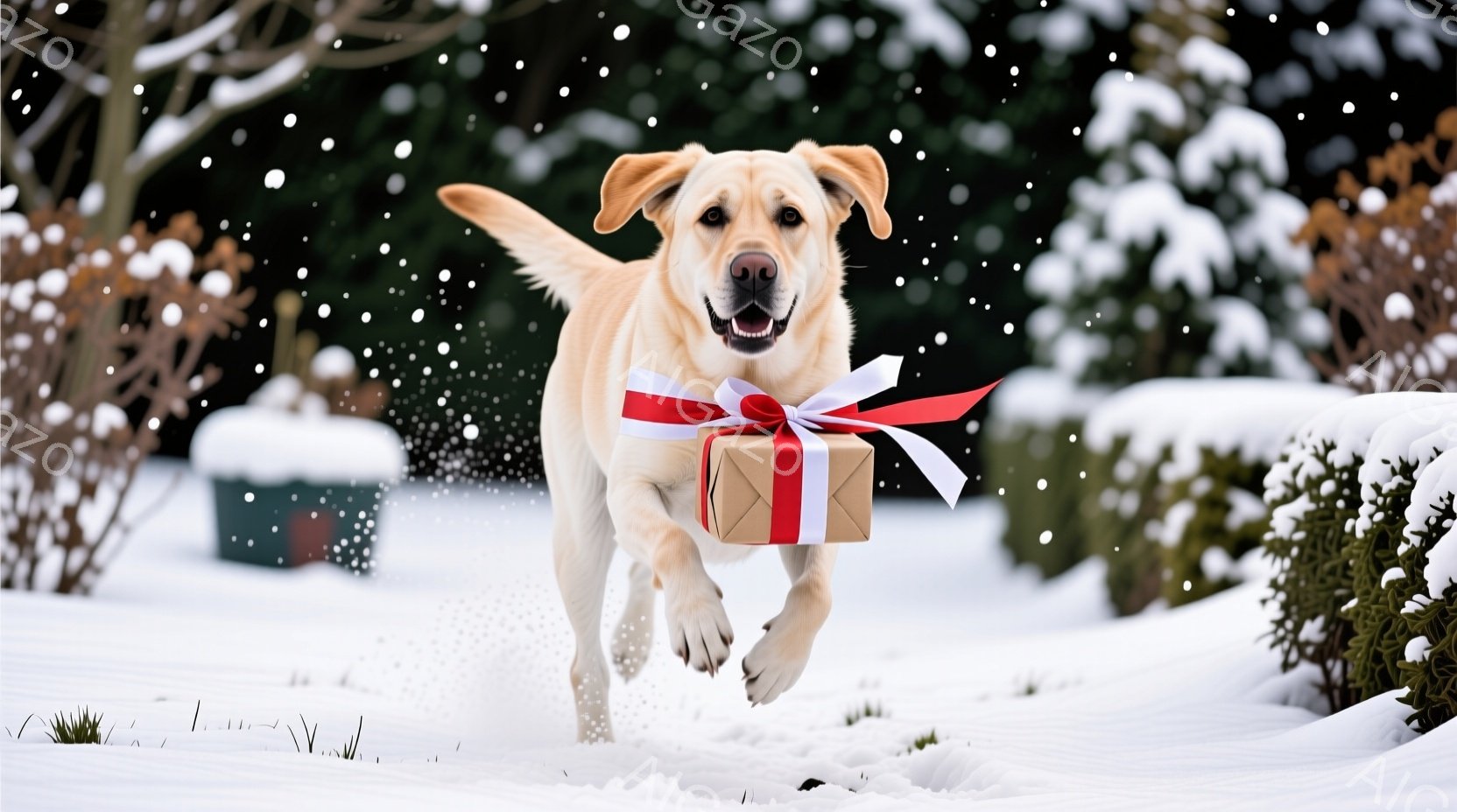 雪景色の中を、プレゼントの箱をくわえたゴールデンレトリバーが勢いよく走っている。犬は口角が上がり、非常に楽しそうな表情で、雪が舞い上がって躍動感を強調している。背景には雪に覆われた茂みが広がり、冬の暖 - AI生成フリー素材