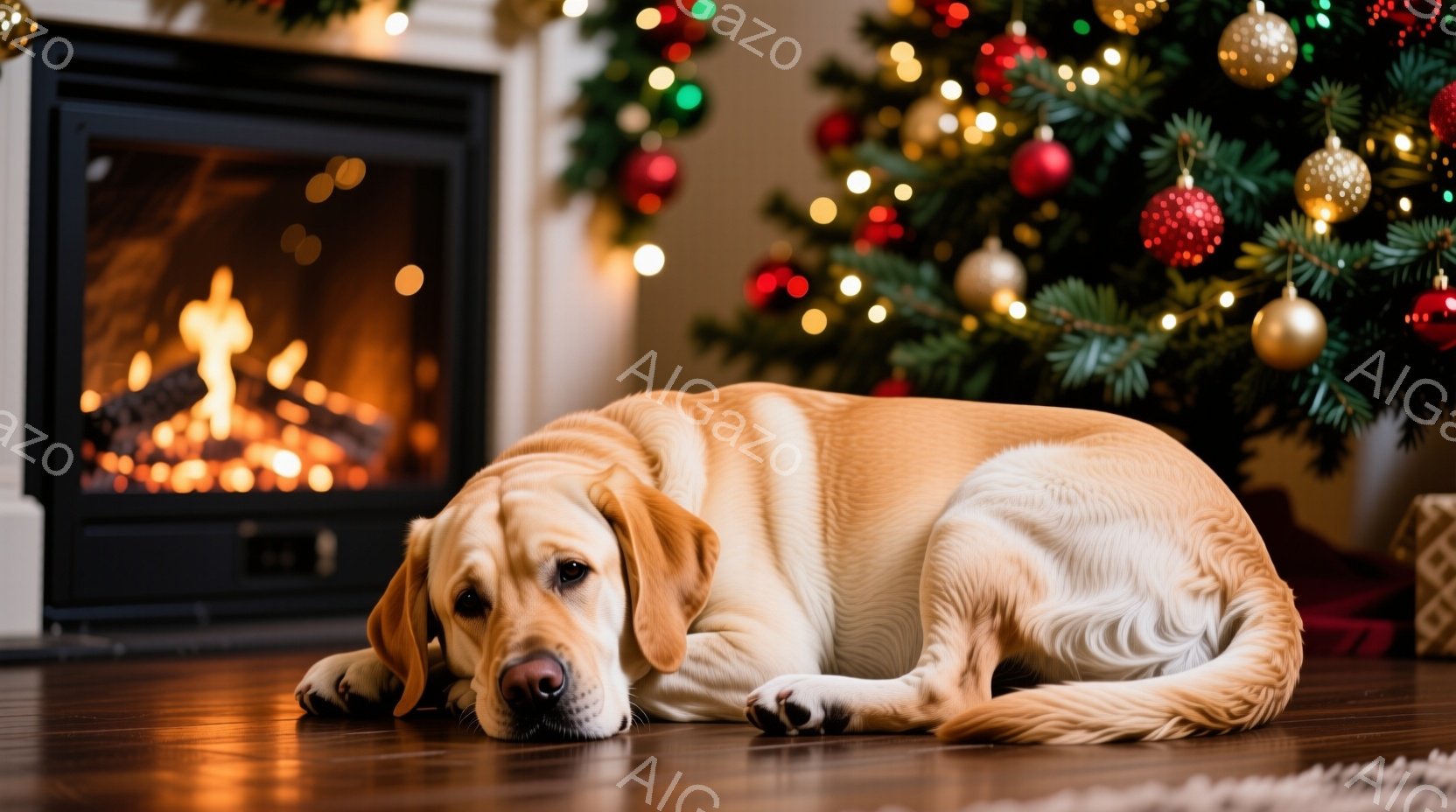 暖炉の前で、クリーム色のラブラドール・レトリバーが床に横たわっています。犬はリラックスした表情で、落ち着いた様子で正面を見つめています。背景には、装飾されたクリスマスツリーと暖炉の温かい光があり、居心 - AI生成フリー素材