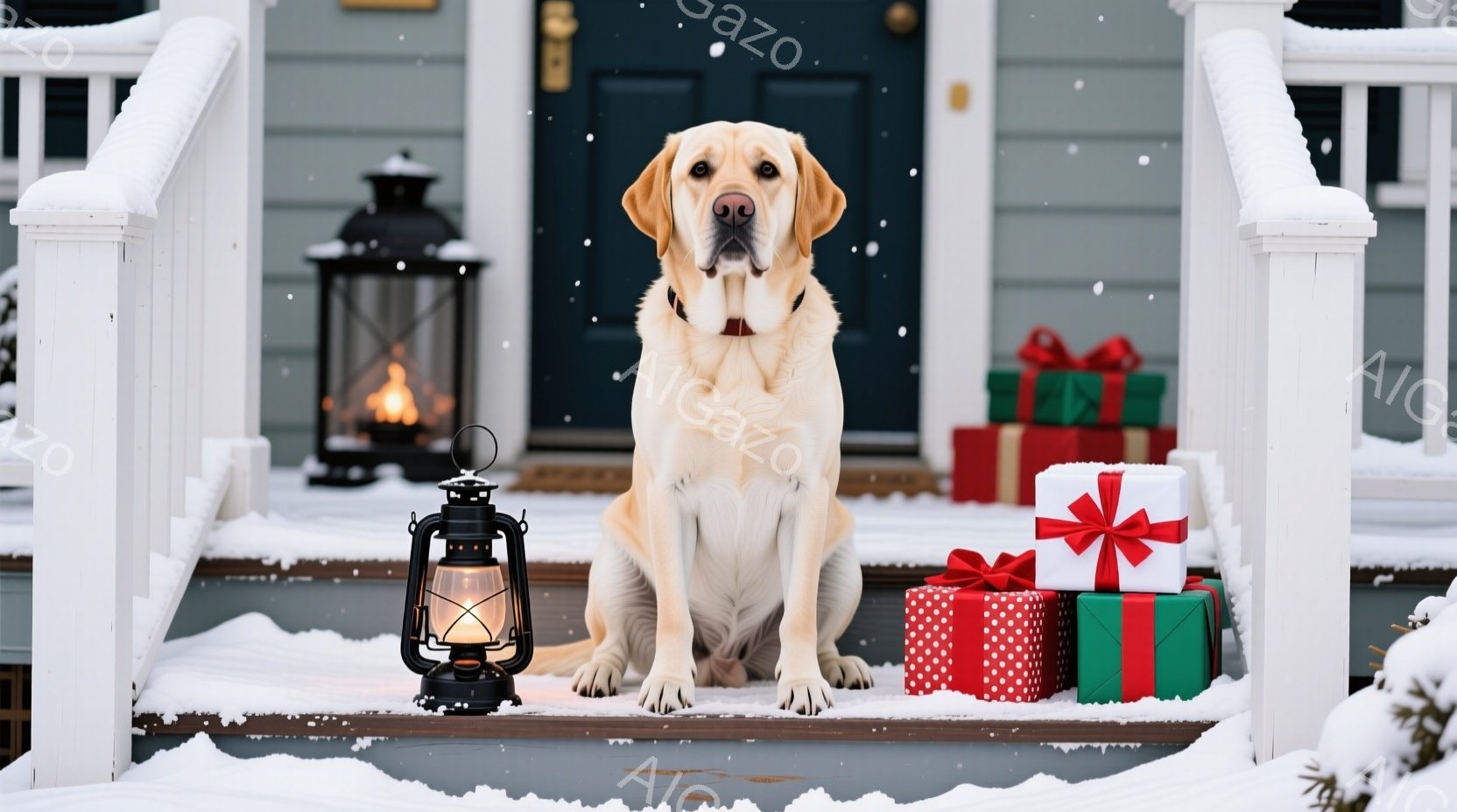 白い毛並みのラブレット・レトリバーが、雪に覆われた家の階段に座って正面を見つめています。赤い首輪をつけ、背景にはプレゼントボックスの積み重ねと、灯りのついたランタンがあり、冬の暖かく祝祭的な雰囲気を醸 - AI生成フリー素材
