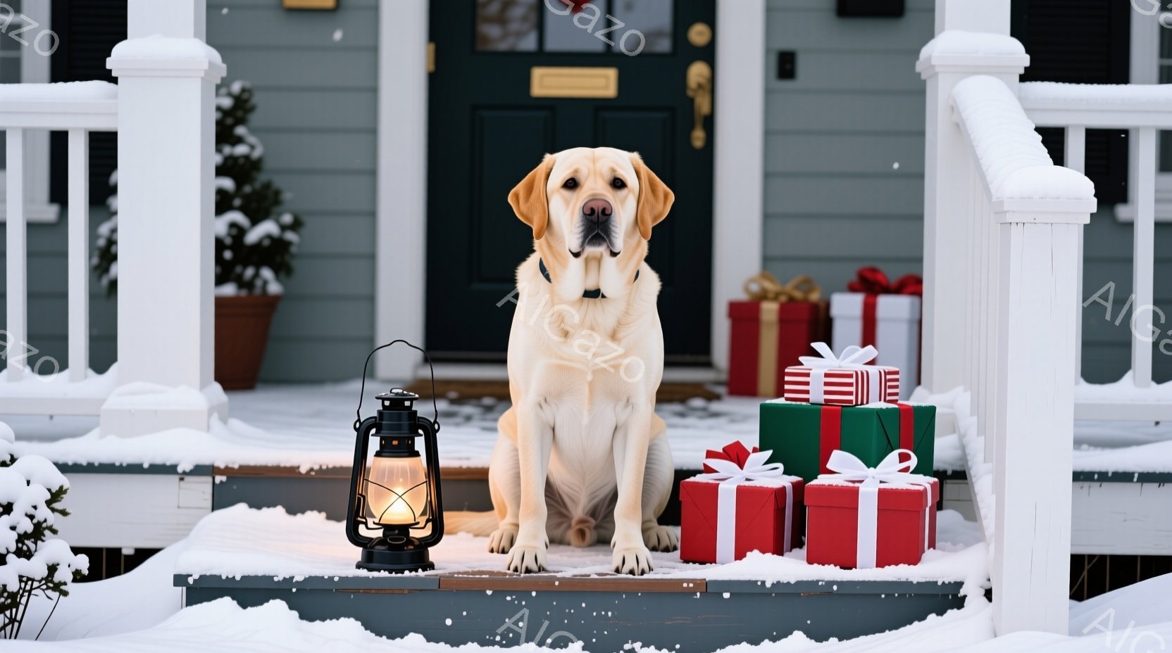 白いラブラドール・レトリバーが雪に覆われた家の階段に座っています。その周りには、リボンで飾られた赤や緑のギフトボックスが積み重ねられています。背景には、雪が積もった植物と、冬の寒さを思わせる暗い色の家 - AI生成フリー素材