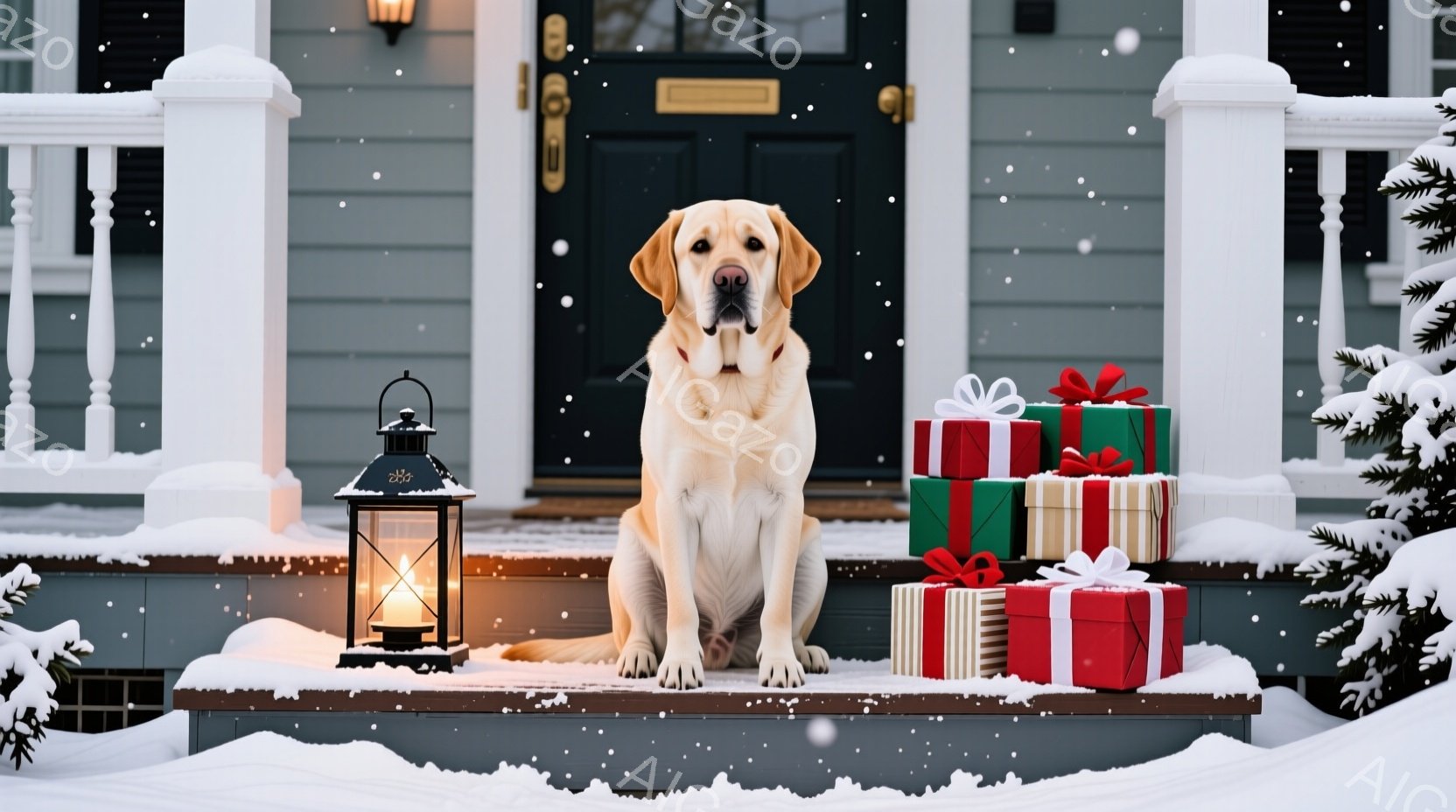 白い毛並みのラブラドール・レトリバーが、雪積もった家の階段に座って正面を見つめています。周りにはカラフルな包装紙で飾られたプレゼントの箱が積み重ねられ、足元にはランタンが灯されています。背景は雪景色で - AI生成フリー素材