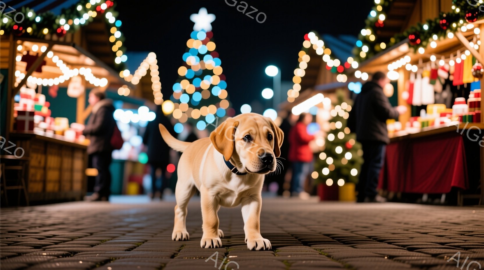 舗装された道の上に、小さな金色のレトリバーの子犬が立っており、カメラに向かってまっすぐ見つめています。背景には、クリスマスの飾り付けが施された市場の屋台がぼやけており、多くの暖かい光が灯っています。全体的に、祝祭的で温かい雰囲気が漂い、クリスマスの季節を連想させます。
