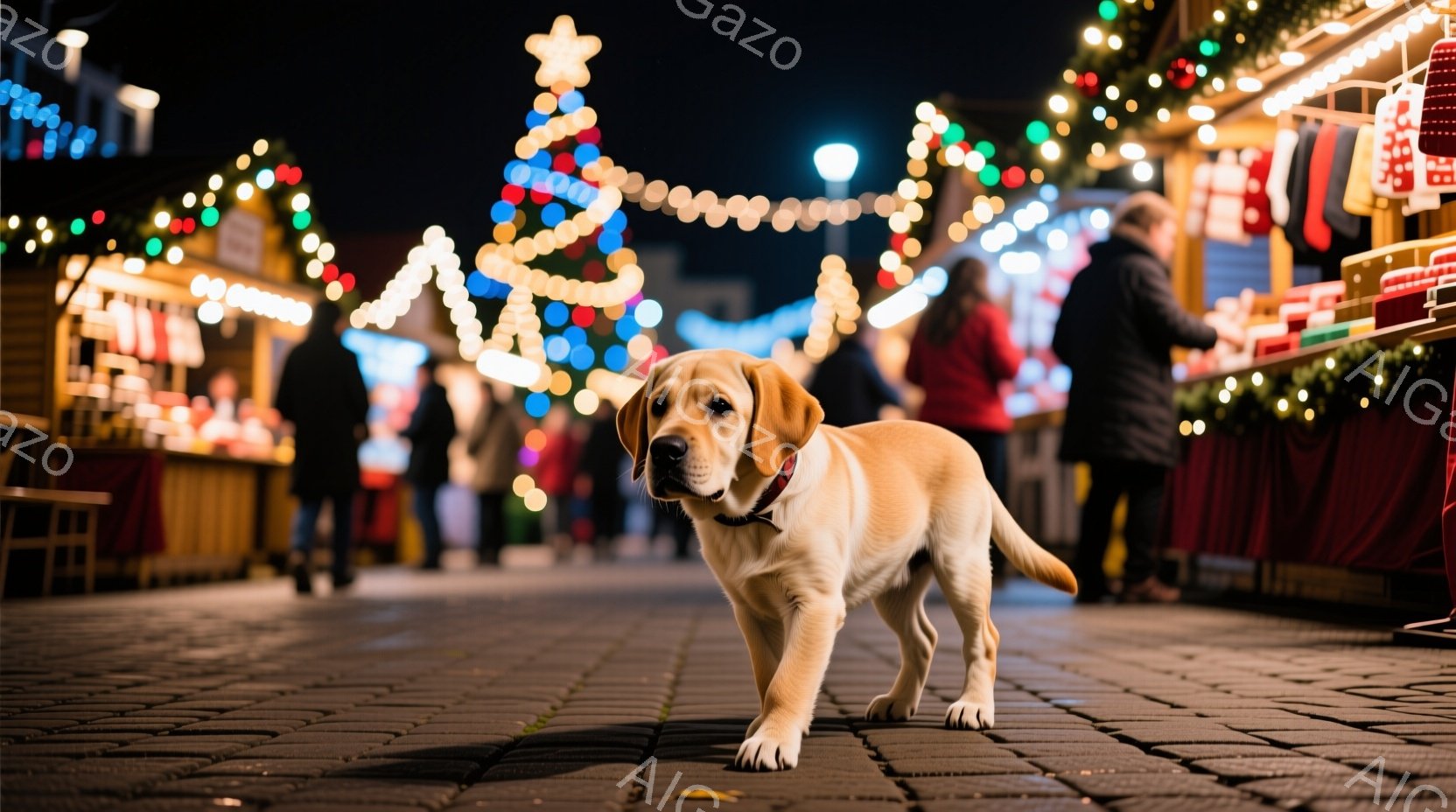 舗装された道の中央を、明るい毛並みのラブラドールレトリバーがカメラに向かって歩いてくる。背景にはクリスマスマーケットの屋台が並び、温かい光が灯っている。全体的に温かく、お祭り気分が漂う、楽しい雰囲気の - AI生成フリー素材